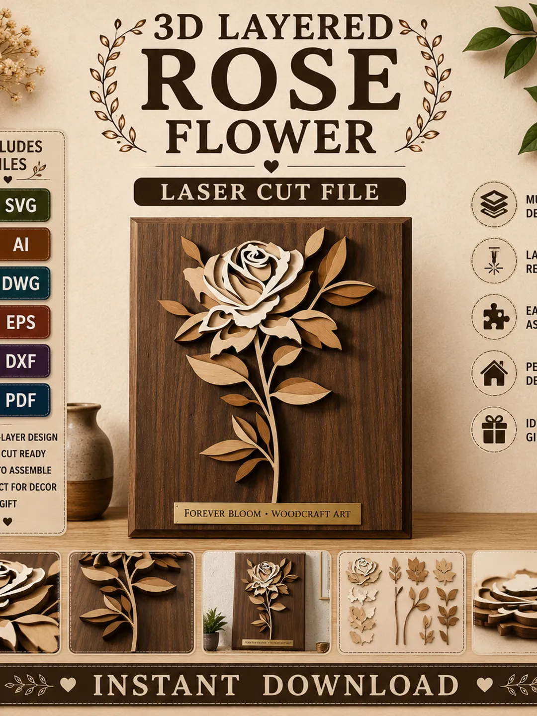 Flower File Design 3D Layered Rose Flower Laser Cut File SVG | Floral Wall Art Design for ...