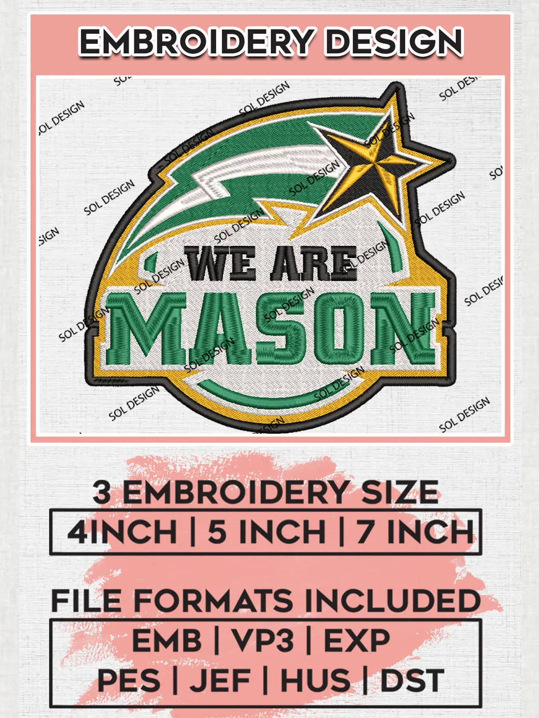 NCAA We Are Mason College Team Logo Embroidery Design Files, NCAA George Mason Patriots Machine Embroidery, NCAA Teams, 3 sizes, NCAA Machine embroidery designs, Digital Download
