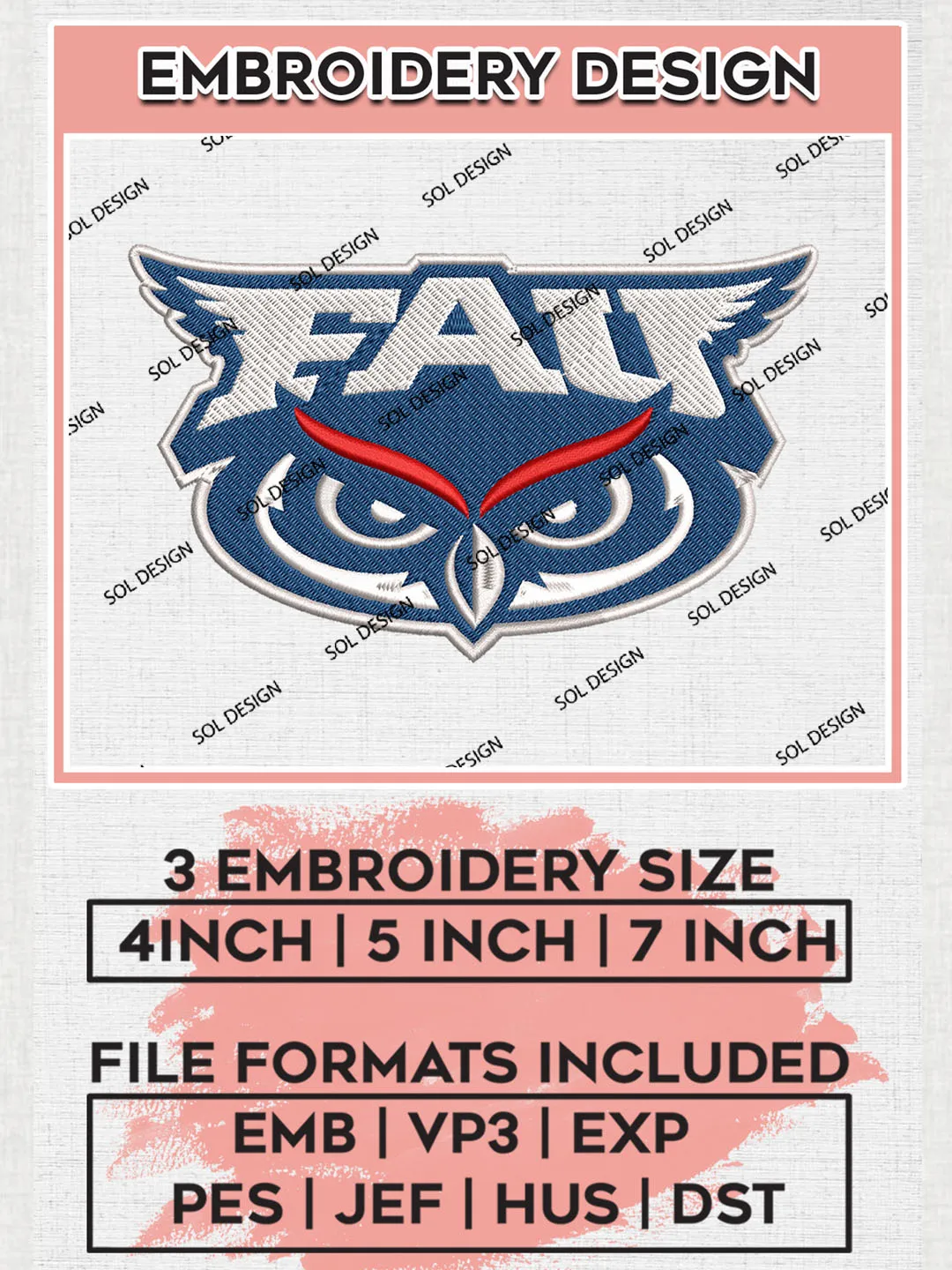 Florida Atlantic Owls Logo Machine Embroidery Design, NCAA FAU Owls Embroidery Design Design files, NCAA Embroidery Designs, NCAA Machine Embroidery Designs, Digital Download