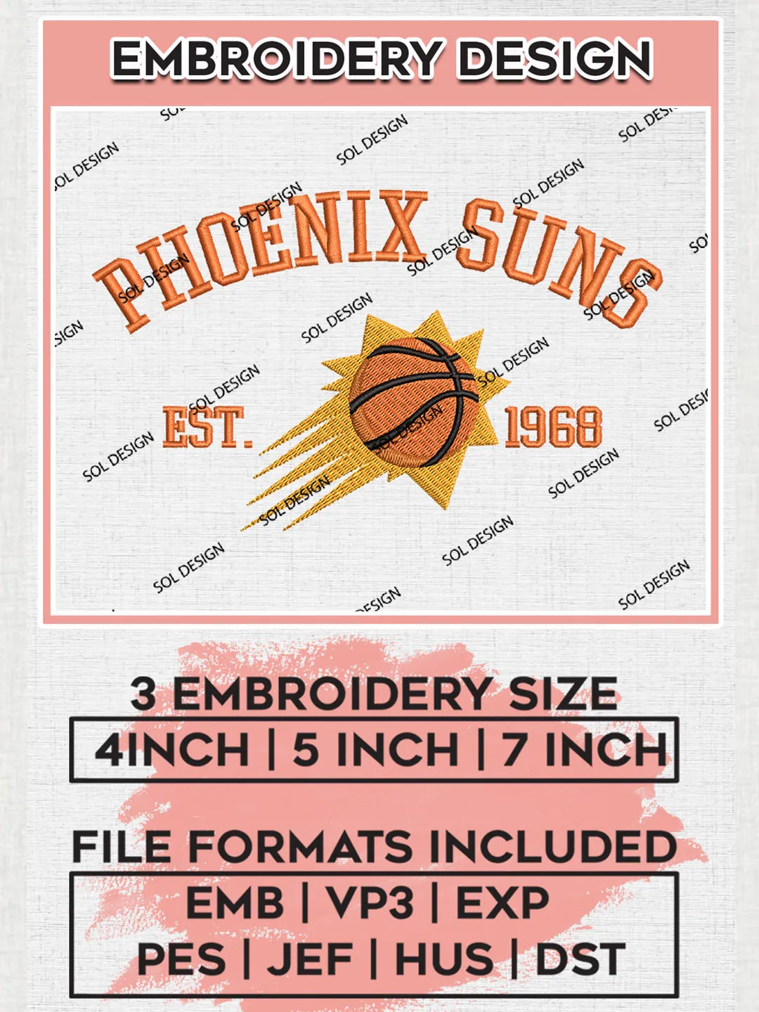 NBA Phoenix Suns Basketball Team Est Logo Embroidery Design, NBA Phoenix Suns Logo Embroidery Files, Basketball Team Machine Embroidery, Machine Embroidery Design