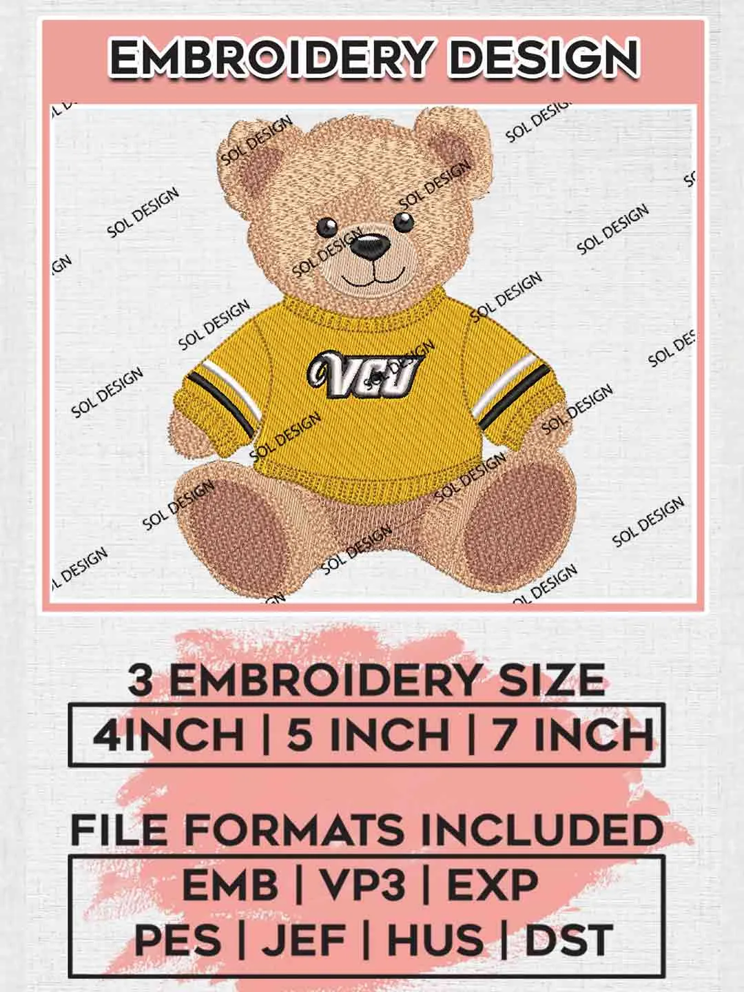 VCU Ram Teddy Bear Embroidery Designs, Football Embroidery files, Sport Machine embroidery designs, Instant Download