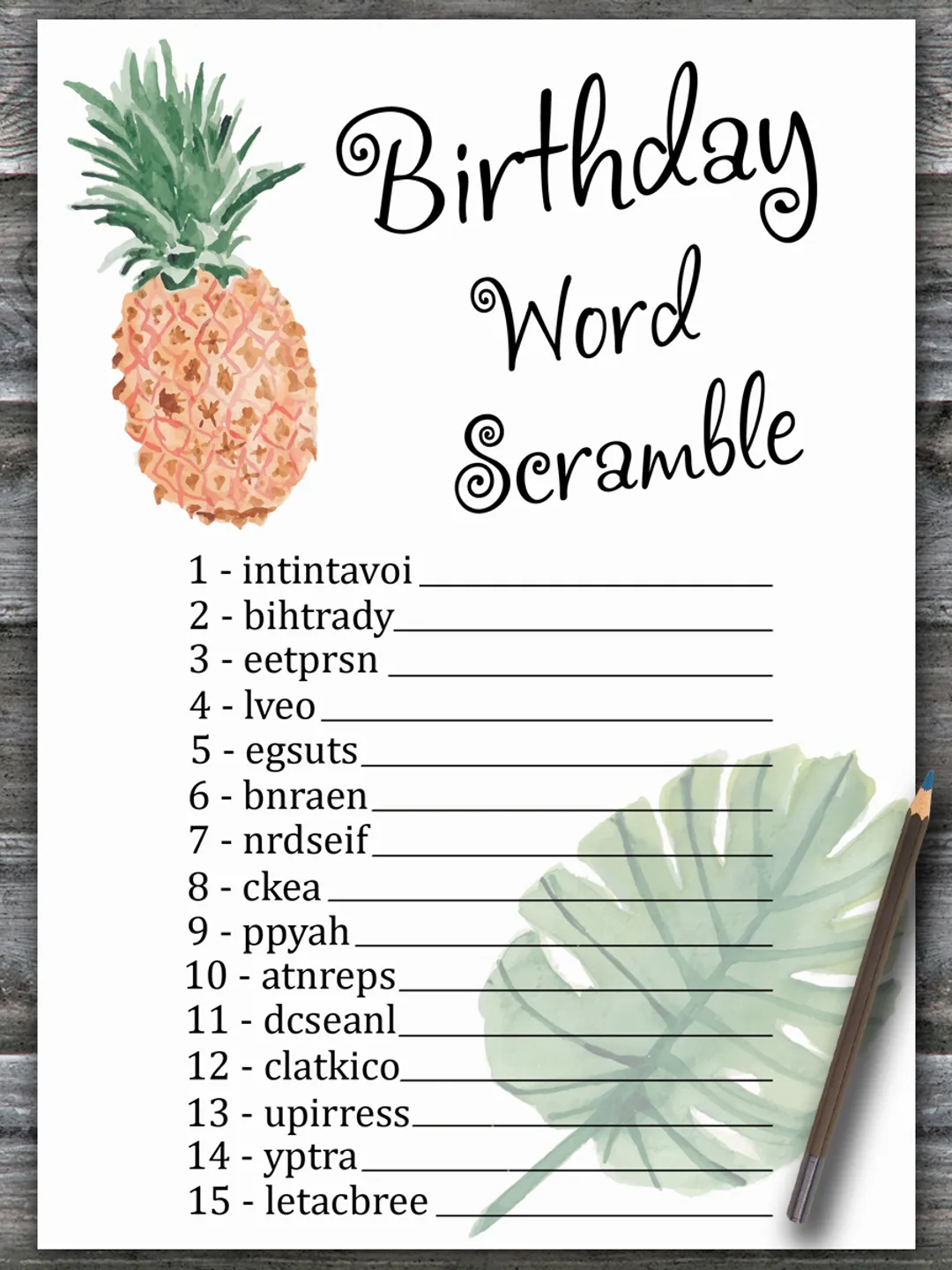 Pineapple Birthday Word Scramble Game,Adult Birthday party game printable-fun games for her-Instant download