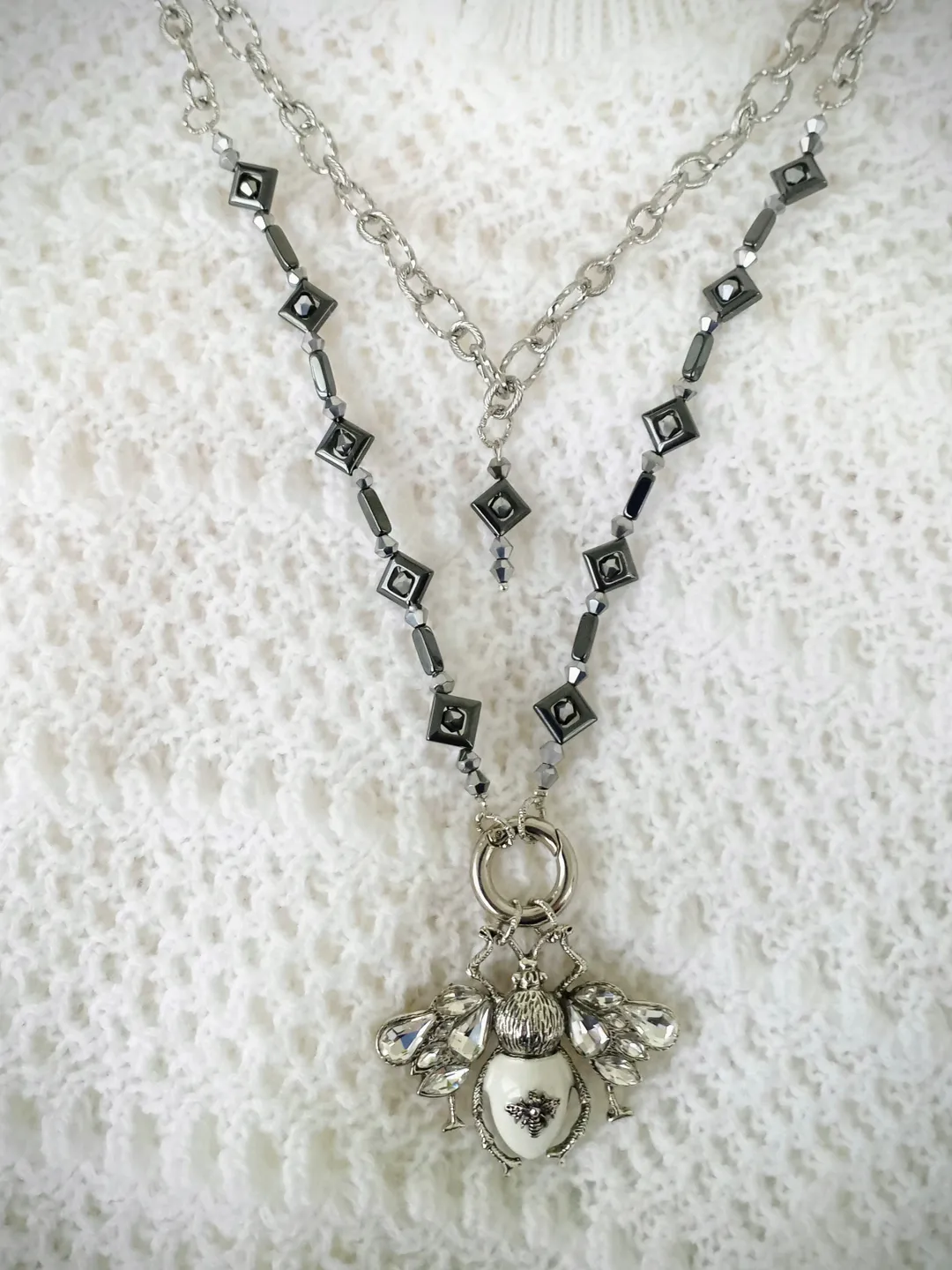 Handmade luxury bee necklace, silver bee pendant, statement bee jewelry, bee gift for her, long bee necklace