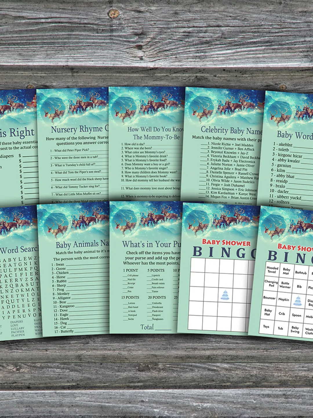 Christmas baby shower games bundle,Santa carriage Baby Shower games package,Fun Baby Shower Games,9 Printable Games-274