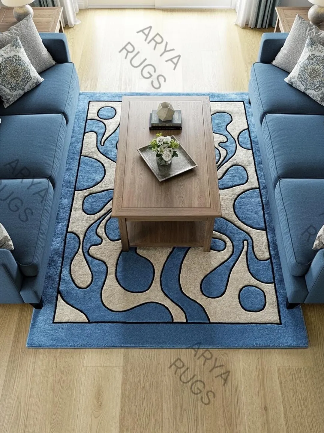 Modern Sky Blue and Cream Abstract Wavy Hand Tufted Area Rug with Black ...