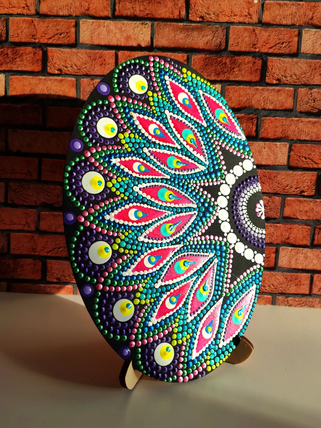 Peacock Feather Dot Painted Acrylic on a Wood Panel