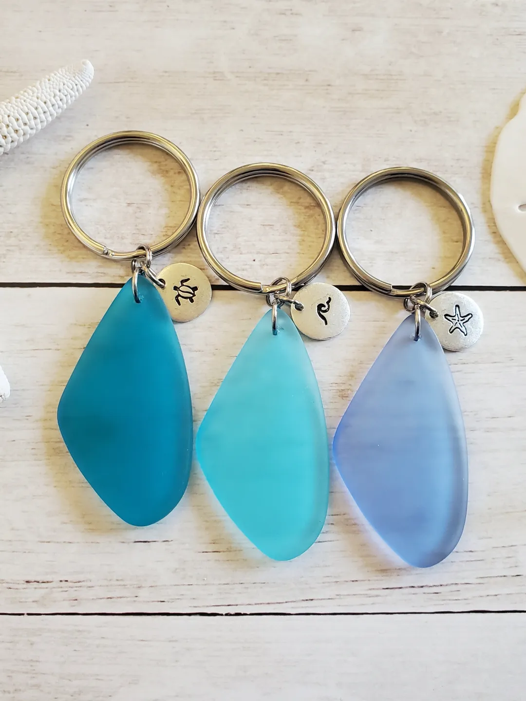Coastal Keychain with Sea Glass Style Pendant and Custom Hand Stamped ...