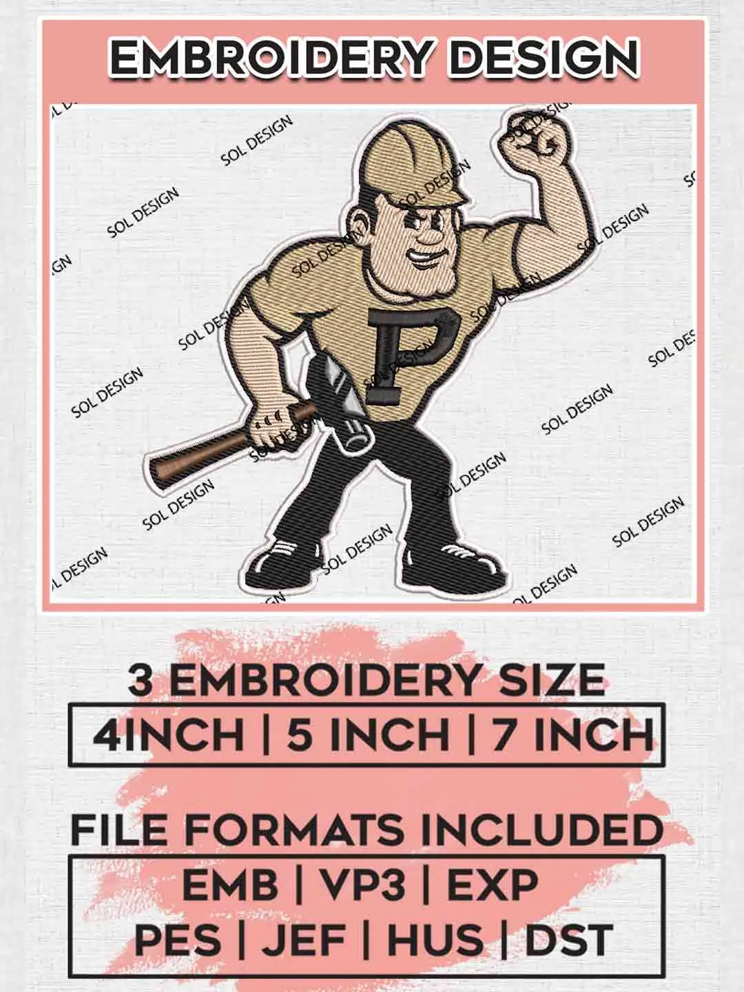 Purdue Boilermaker Mascot Embroidery Design, Football Embroidery files, Sport Machine embroidery files, 3 sizes, Instant Download