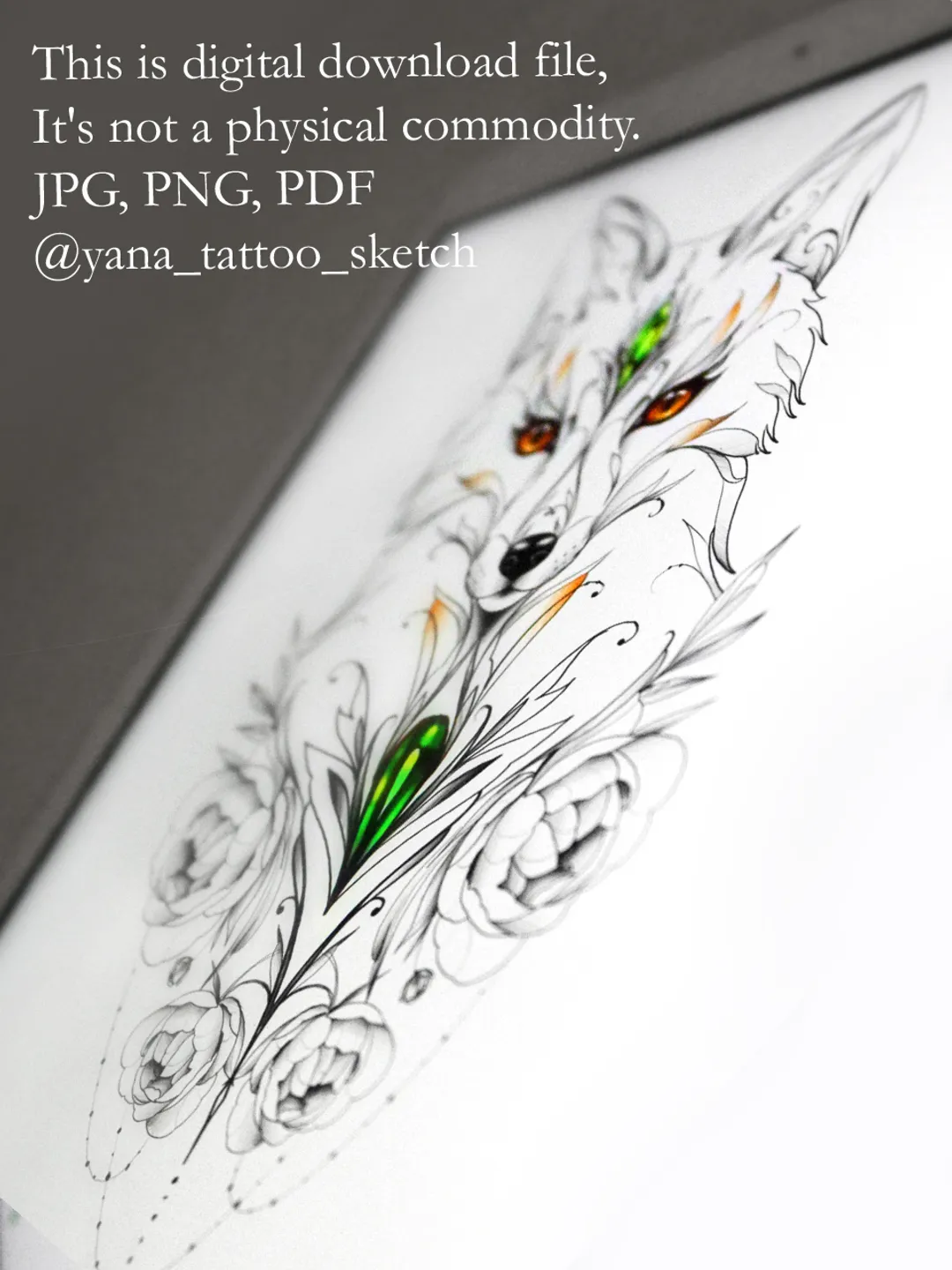 Fox Tattoo Design Ornamental Fine Line Fox Tattoo Drawing Idea For Females, Instant download PDF, JPG, PNG