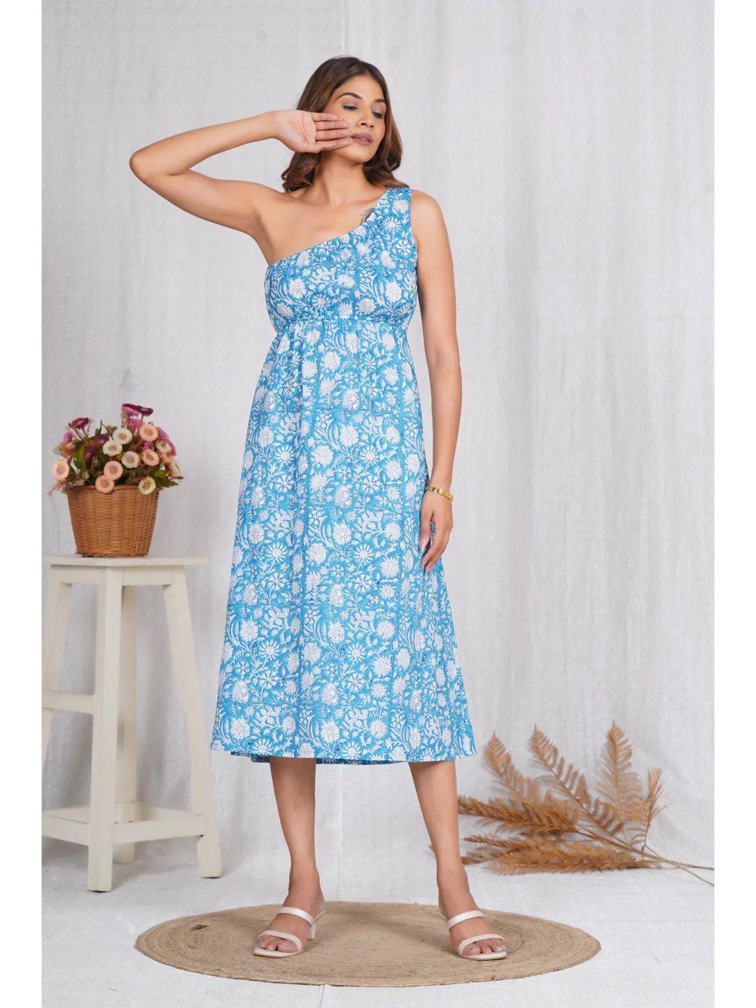 one shoulder blue floral dress Light Blue Floral Ruched Chiffon One Shoulder Sleeveless A-Line Maxi Dress