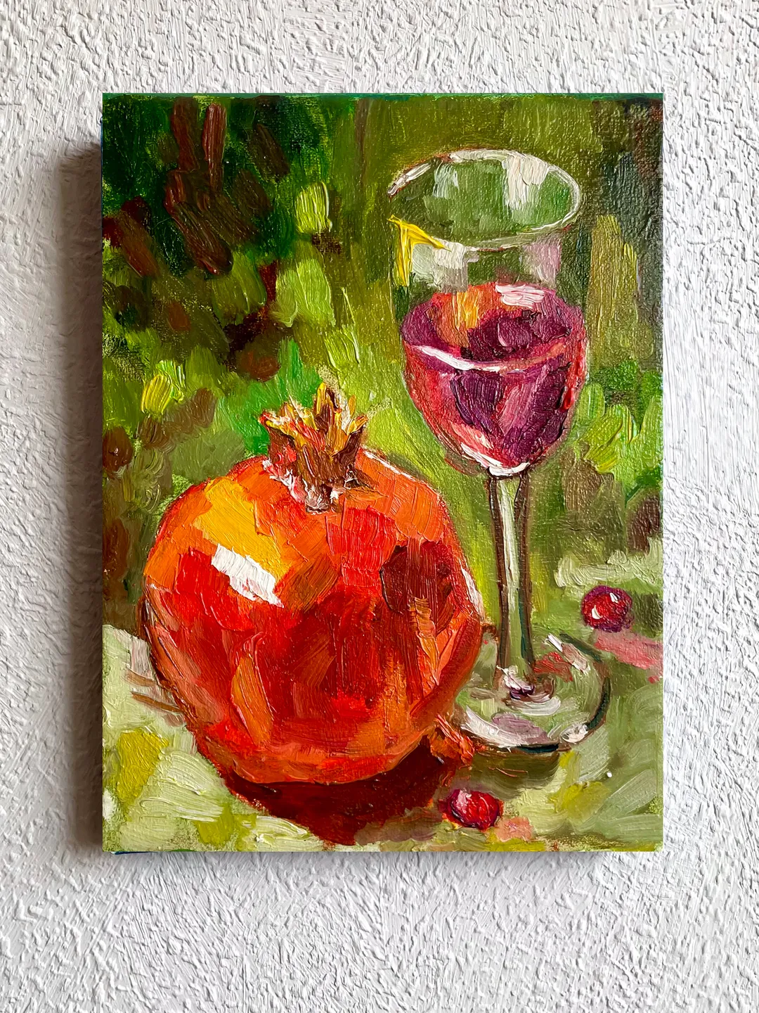 Pomegranate fruit painting Original, Wine Glass Still Life Painting, Small modern art 8" x 6"