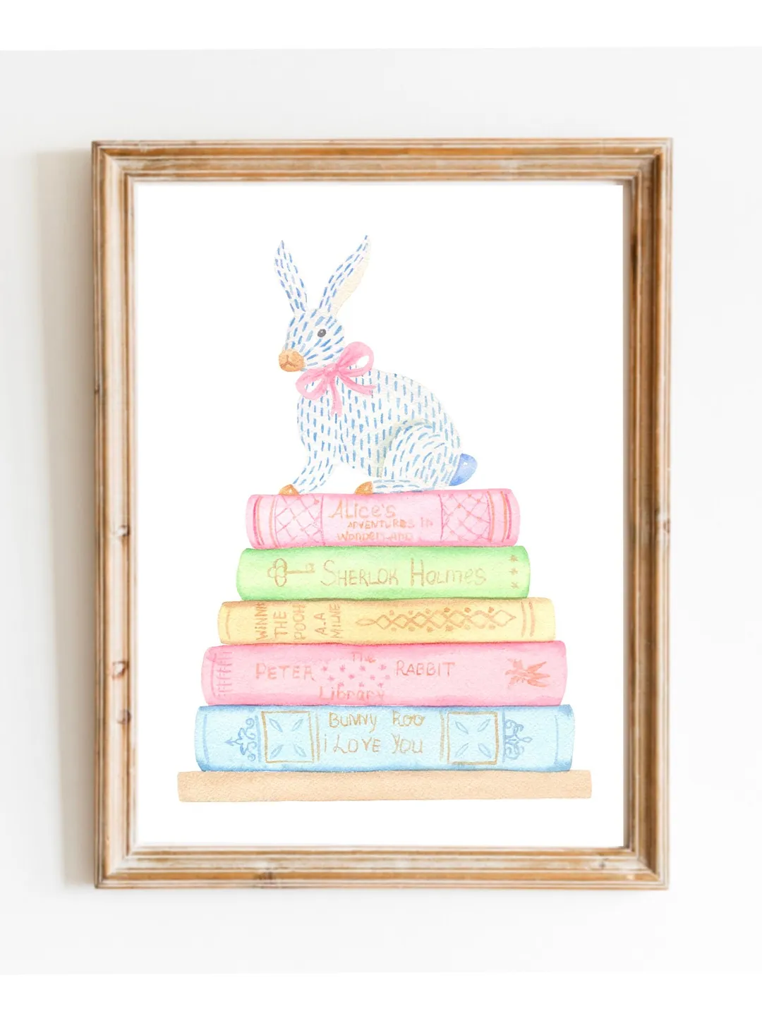 Book And Rabbit Watercolor Painting Print, Gift For Books Lover, Children Book, Book Lover Decor, Stack Of Books,Cute Baby Bunnies Art Print
