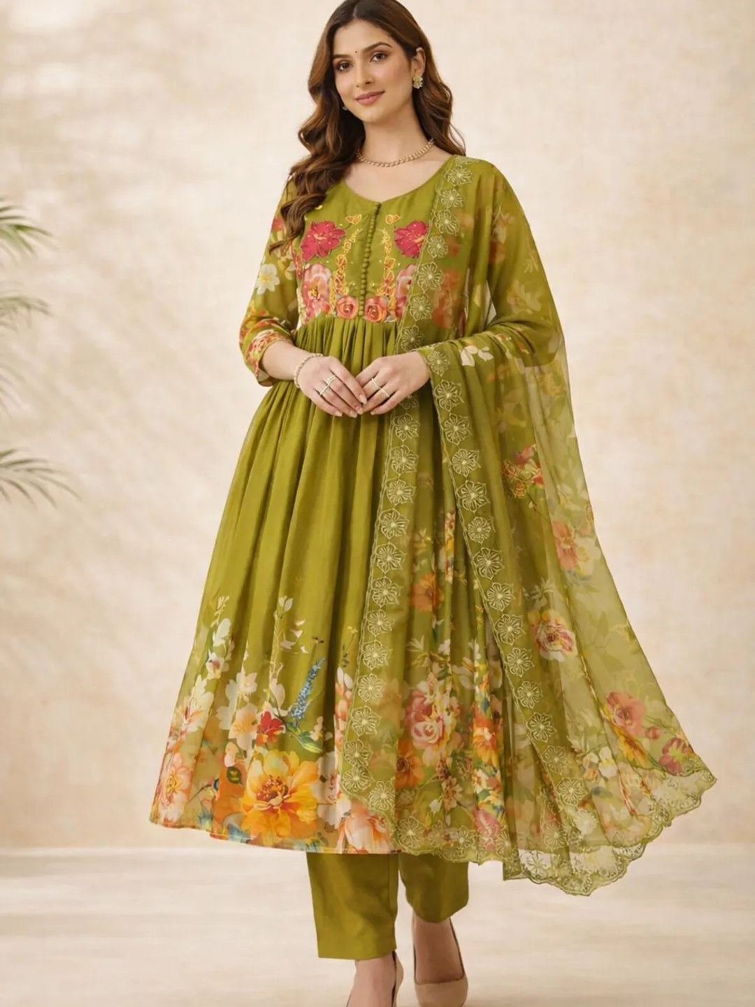 Green Handwork Anarkali Maxi Dress for Women  Designer Neck Padded Ethnic Party  Wear Gown