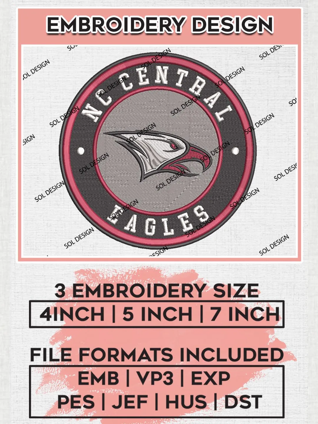 NCAA North Carolina Central Eagles Round Logo Embroidery, NCAA North Carolina Central Eagles Logo Embroidery files, NCAA Teams, Machine embroidery designs, Digital Download