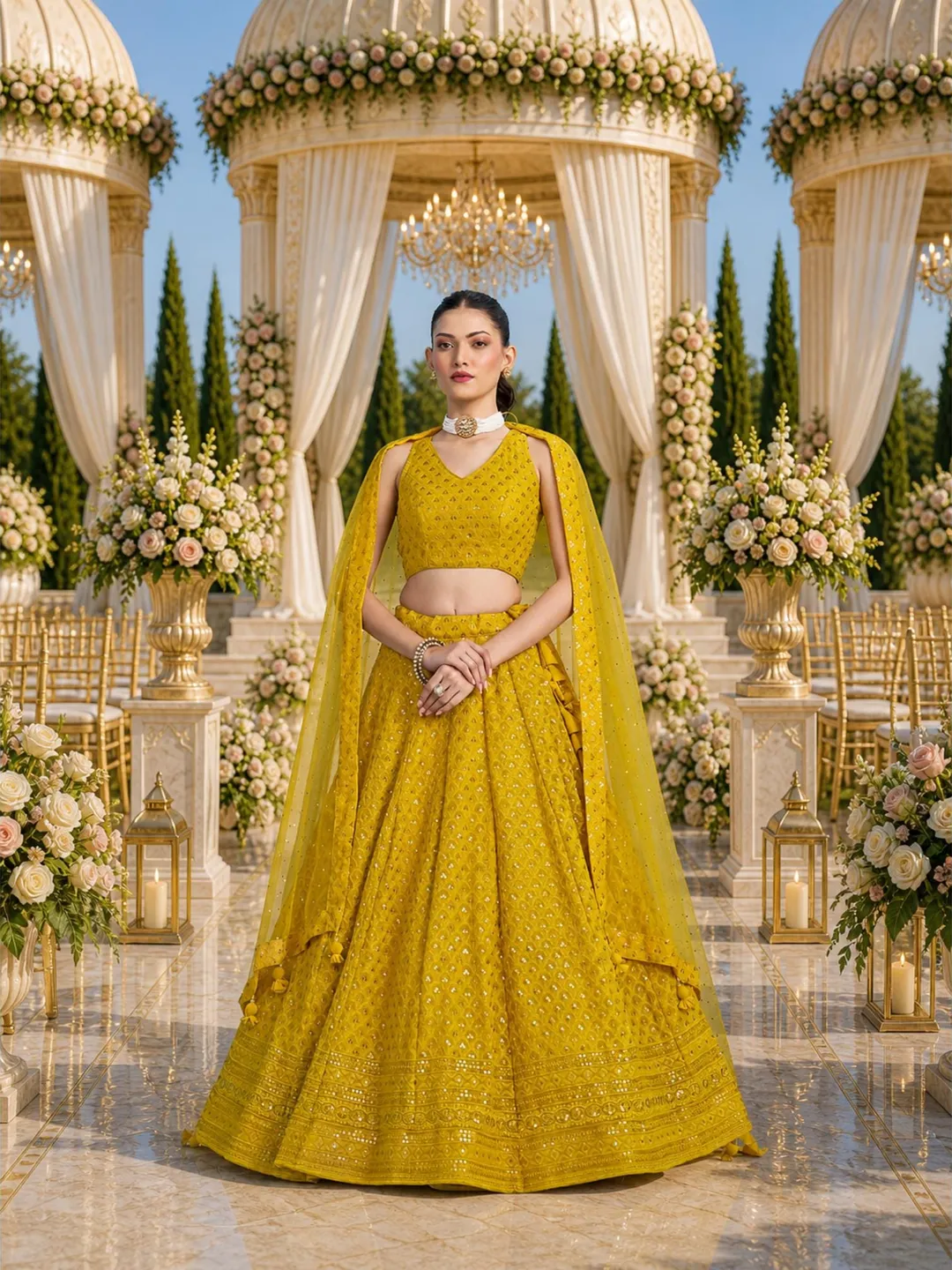 Yellow Ready To Wear Lehenga Choli: Indian Wedding Wear, Sequins Embroidery