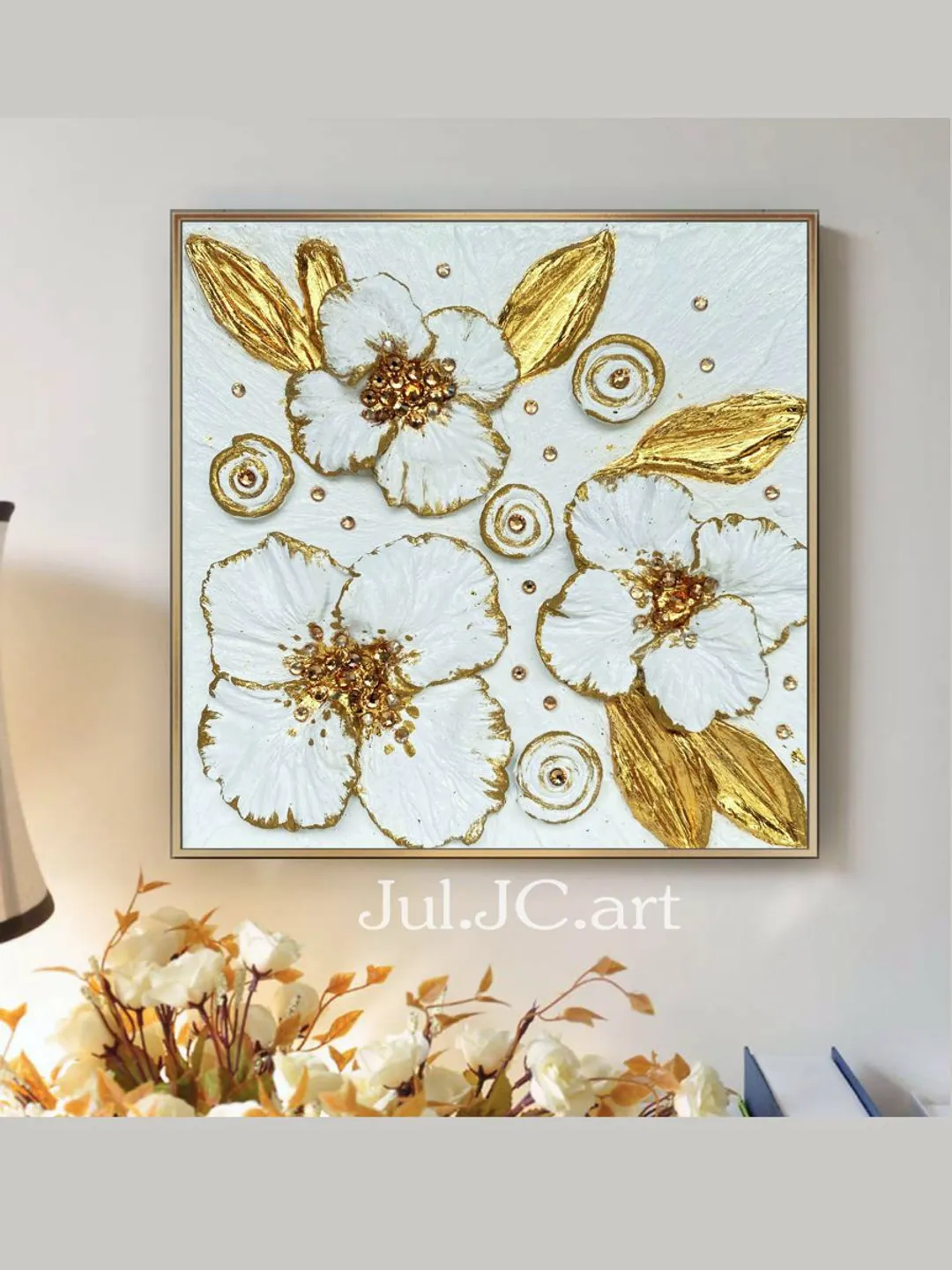 Gold and White Floral artwork with crystals | Poppy Textured painting Flower original art by Juliya JC