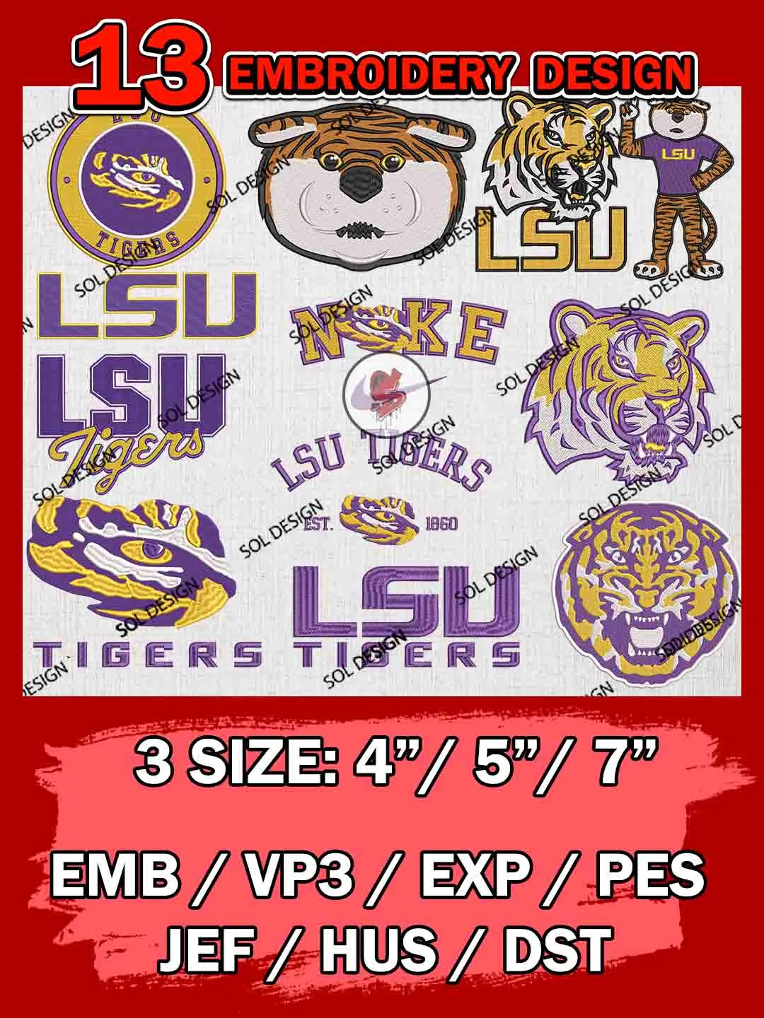 13 NCAA LSU Tigers Bundle Embroidery Files, NCAA LSU Tigers Team Bundle Embroidery Designs, NCAA Teams, National College Football Team 3 sizes, NCAA LSU Machine Embroidery, Digital Download