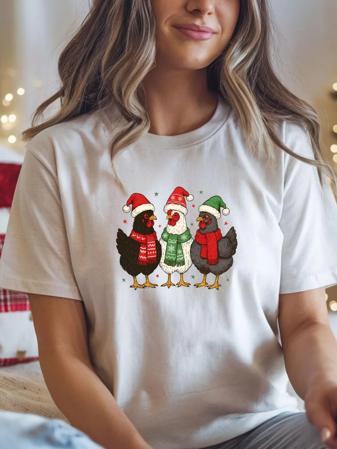 Funny Christmas Chickens T-Shirt, Farm Animal Santa Hats Tee