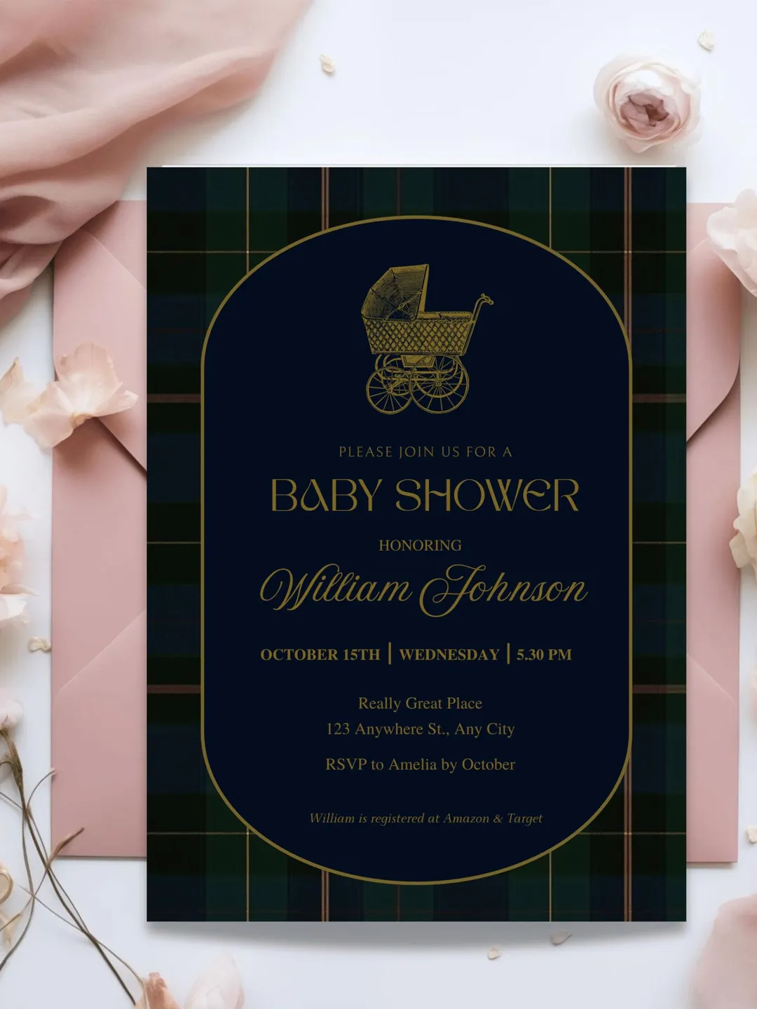 Polo Ralph Lauren Baby Shower Teddy Bear Invitation, Preppy Blue Plaid ...