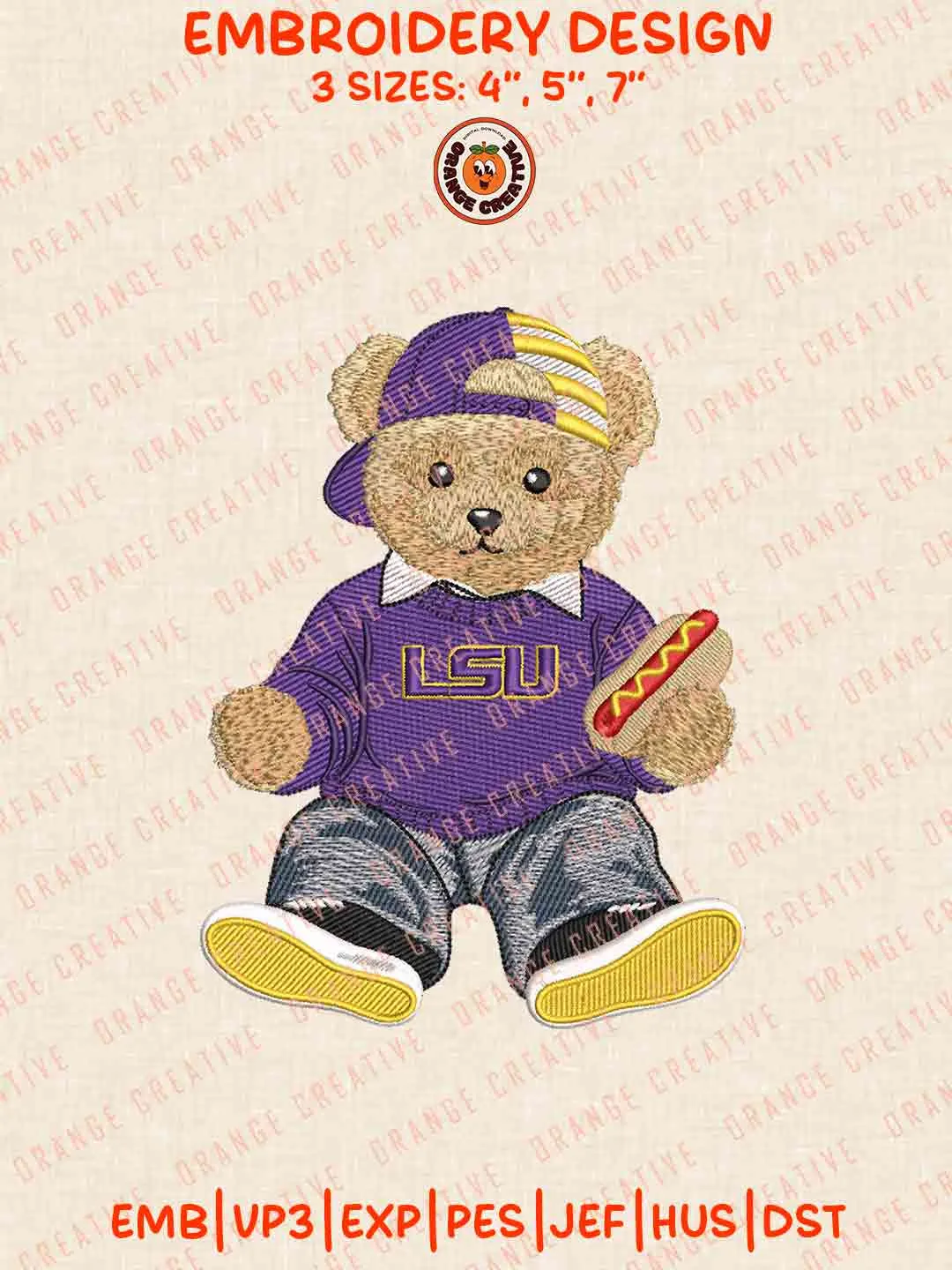 LSU Tiger Teddy Bear Embroidery Files, Football Embroidery Designs, College Sport Machine Embroidery Files, 3 Sizes, Custom Sizes, Instant Download