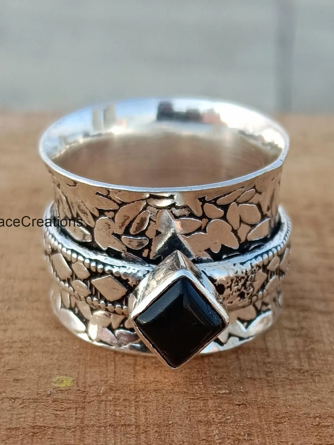 Handmade Sterling Silver Black Onyx Spinner Ring, Meditation Band