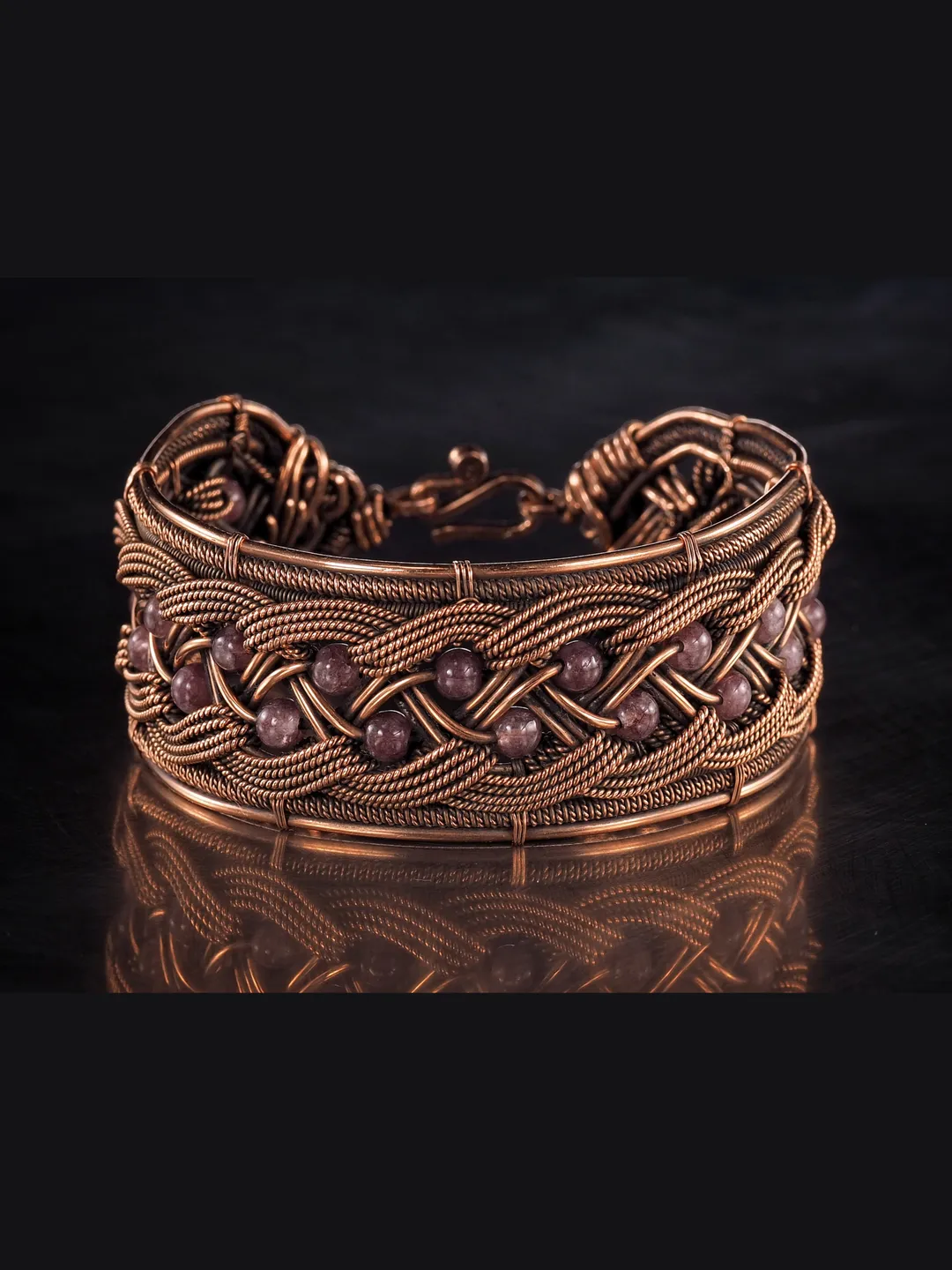 Copper wire wrapped bracelet with amethyst for lady Antique style WireWrapArt