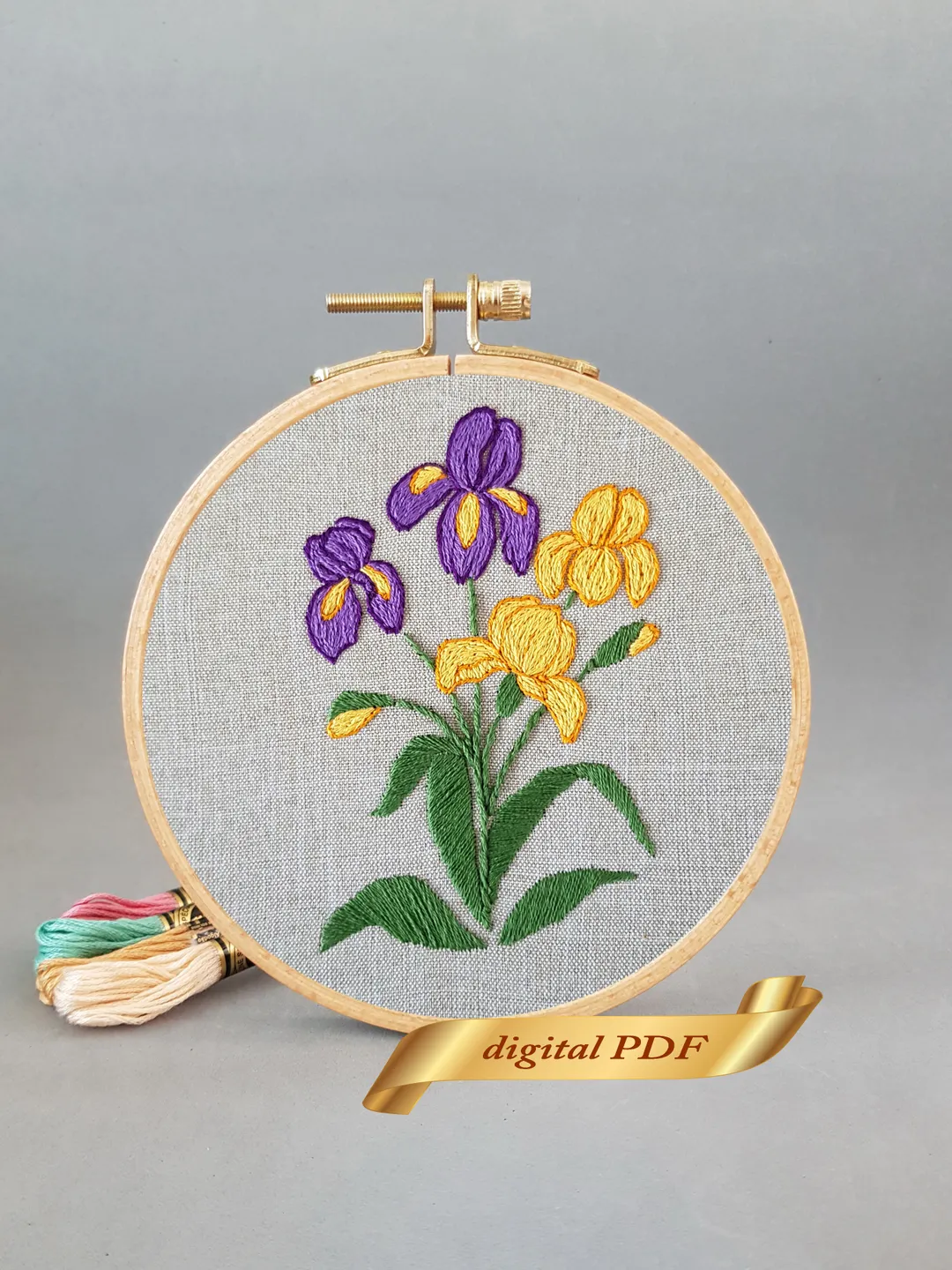 Bright irises pattern pdf embroidery, Easy hand embroidery DIY, step by step embroidery tutorial