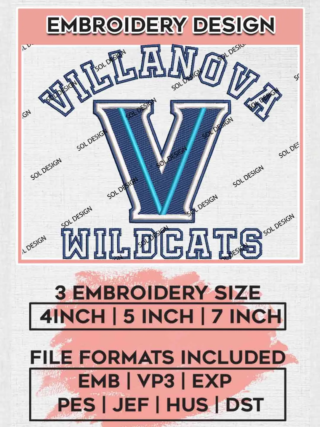 Villanova Wildcat Embroidery Design, Football Embroidery files, Sport Machine embroidery files, 3 sizes, Instant Download