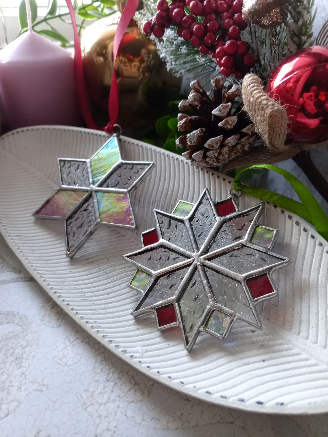 Set of 2 snowflake suncatchers, christmas ornaments, simple stained glass, Christmas decorations, Xmas tree star