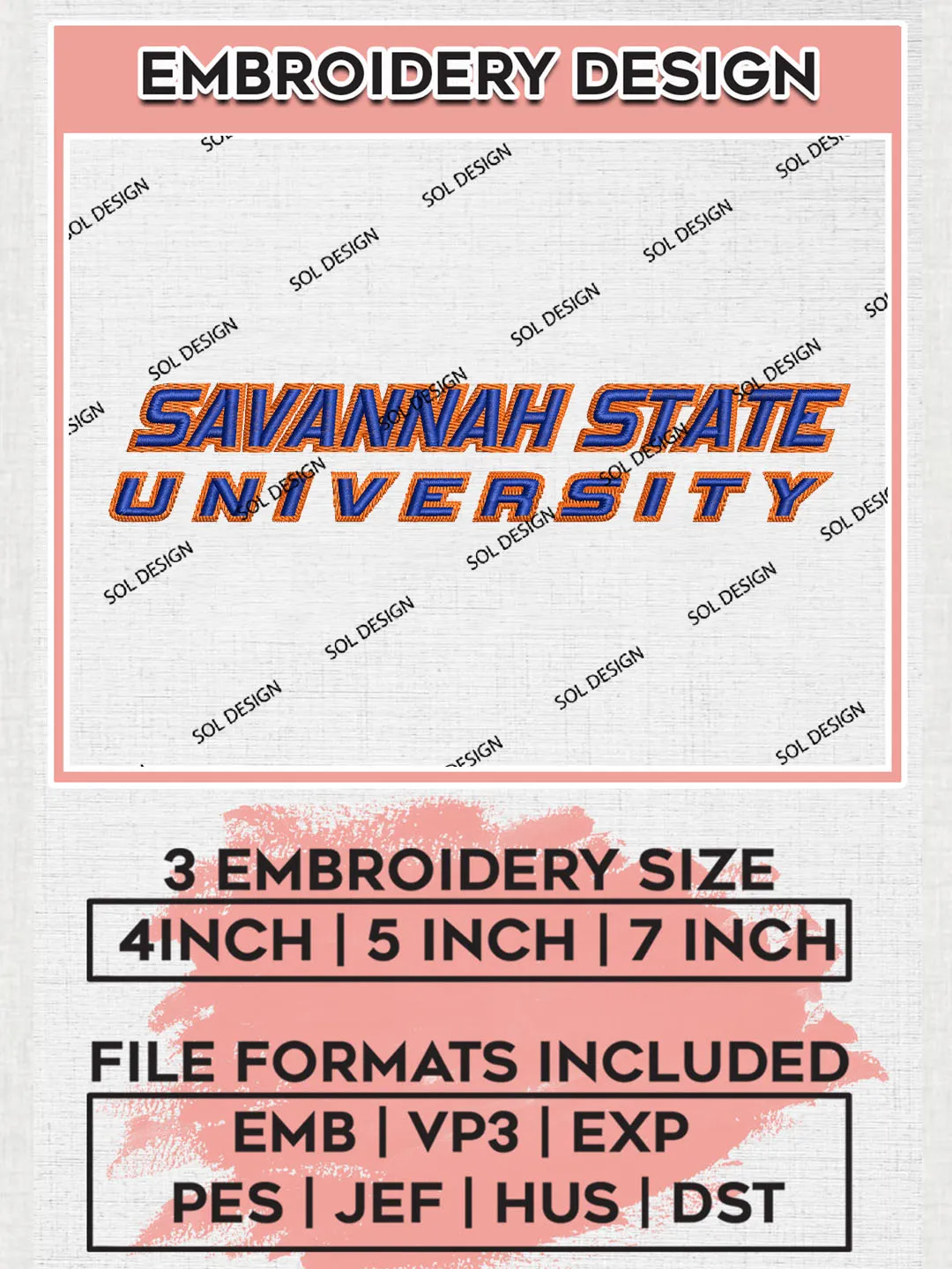 NCAA Savannah State Uni.versity Team Logo Embroidery Design Files, NCAA Savannah State Tigers Machine Embroidery, NCAA Teams, 3 sizes, NCAA Machine embroidery designs, Digital Download