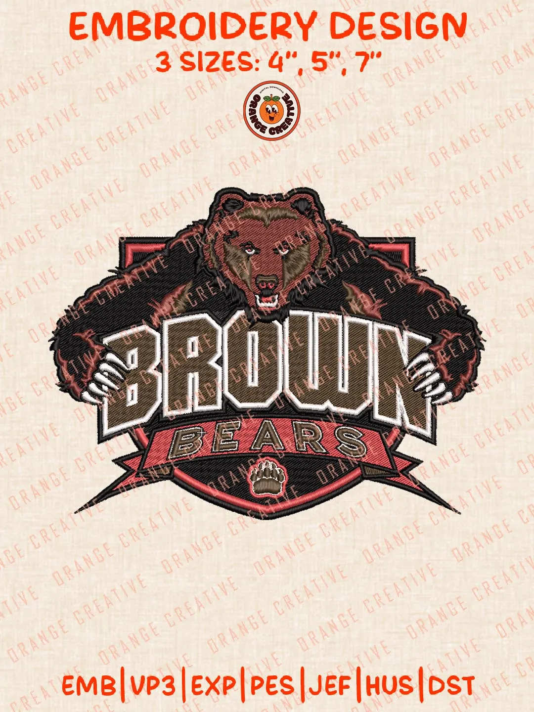 Brown Bears Logos Embroidery Design Files, NCAA Logos Embroidery Designs, Machine Embroidery Files, 4 Sizes, Custom Sizes, Instant Download