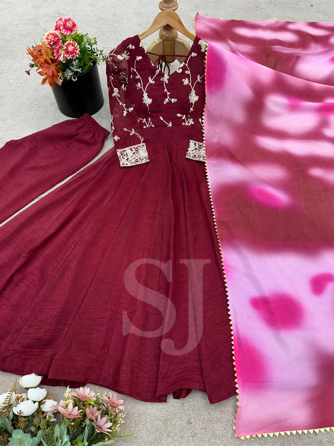 Indian Bollywood Partywear Kurta Set, Women Pakistani Salwar Kameez With Printed Dupatta Set, 3 Piece Combo Set, Red Anarkali Suit Stitched