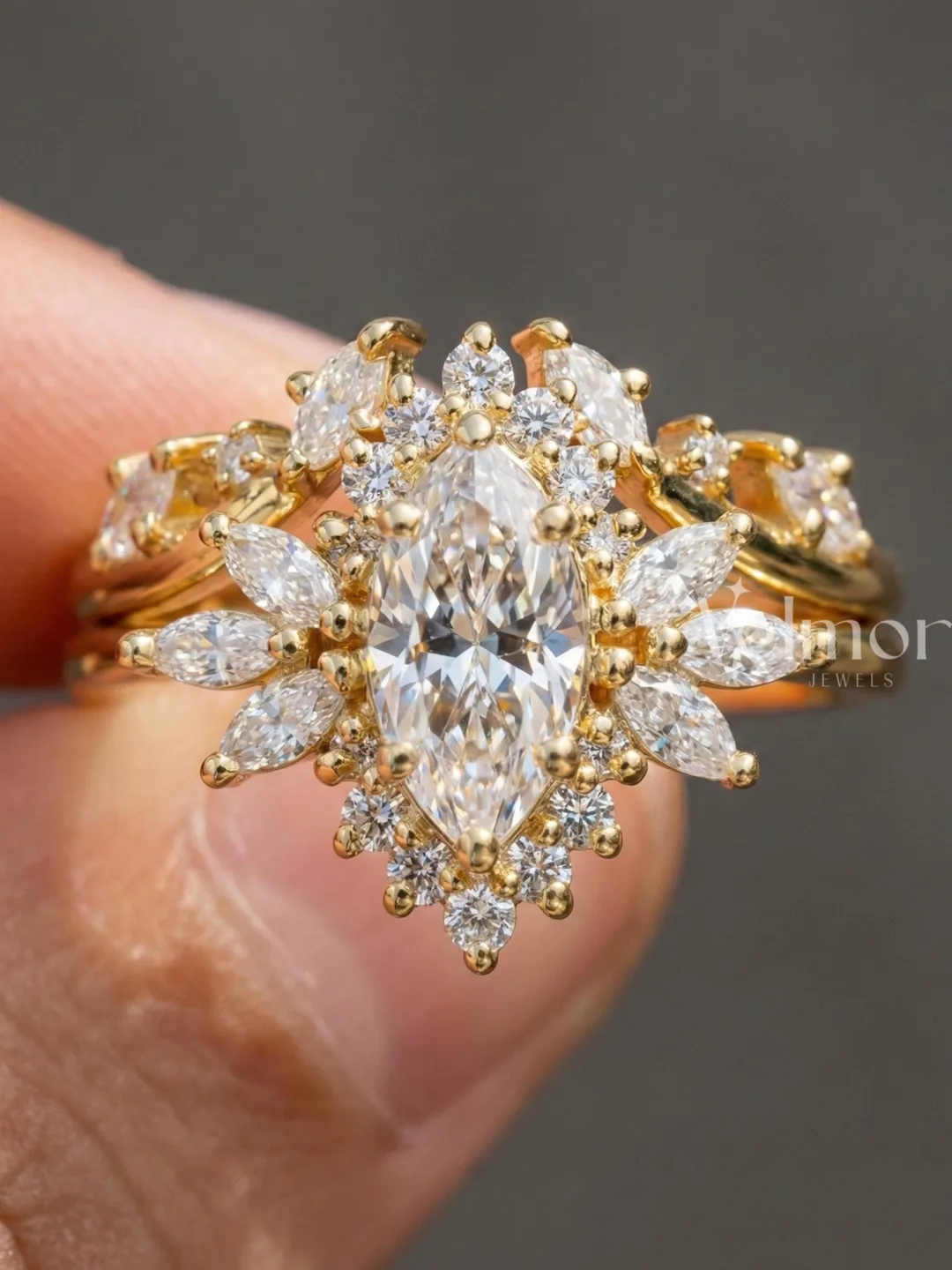 Marquise Diamond Engagement Ring, Vintage Floral Halo Ring, 14K Yellow Gold Cluster Bridal Set.