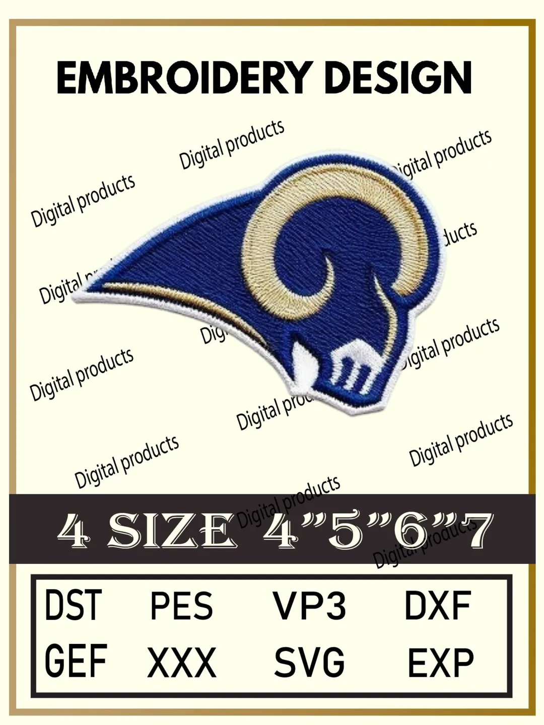 Los Angeles Rams Embroidery Design Digital Logo Pattern with Stylized Ram Head and Curved Horns for Machine Embroidery Projects in Four Sizes with Multiple Compatible Formats Including DST, PES, VP3, DXF, GEF, XXX, SVG, EXP Download