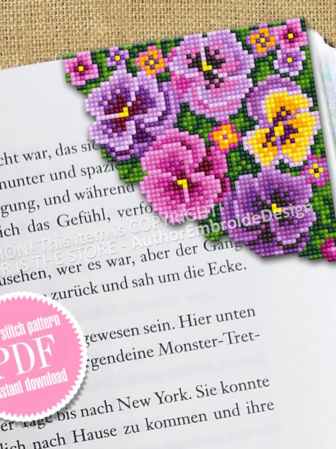 Flower Corner bookmark cross stitch pattern PDF download Floral cross stitch chart, Flower bookmark for women, Violet Pansy pattern #B364