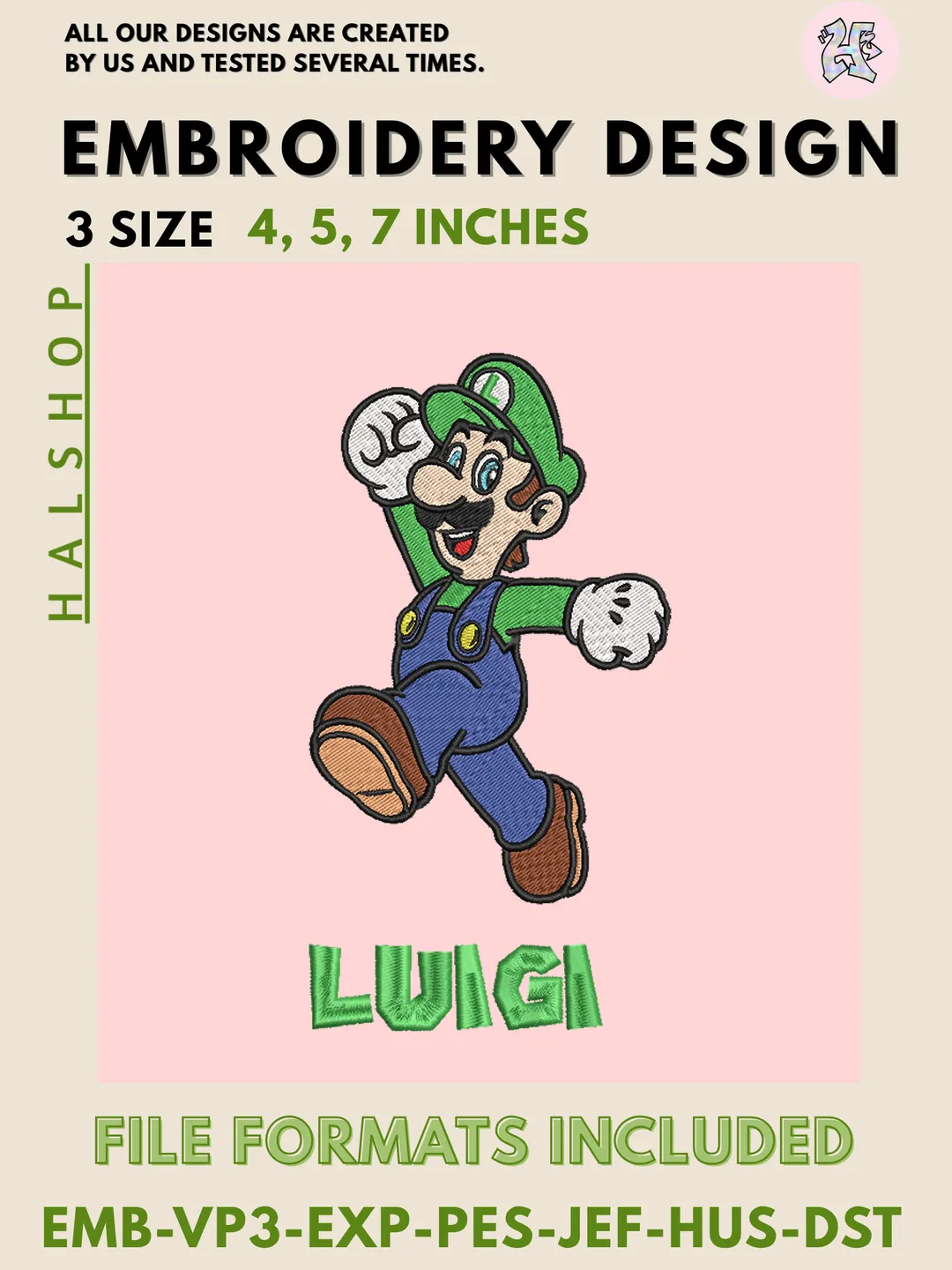 Luigi, Super Mario Machine Embroidery Design – Nintendo Cartoon Digital Embroidery File 💚🎮✨
