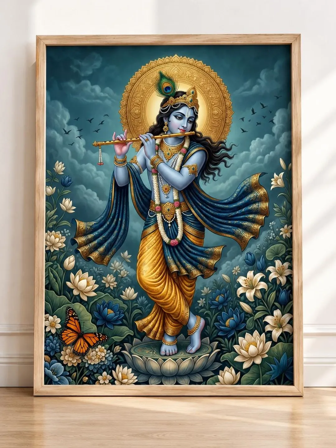 Meditative Lord Krishna with Flute, Yoga Studio Decor, Zen Wall Art, Hindu God Poster,