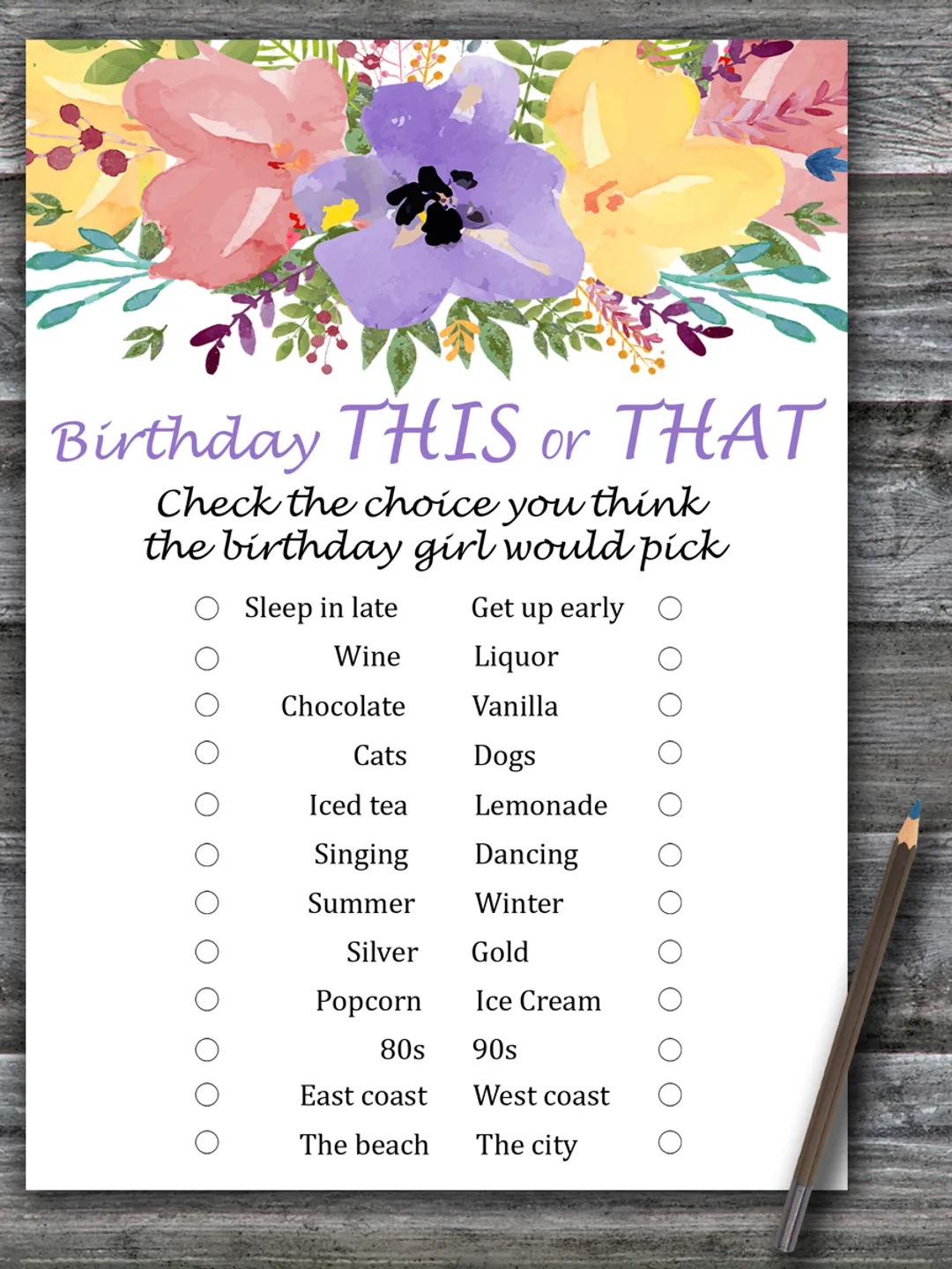 Watercolor flowers This or that birthday game,Adult Birthday party game printable-fun games for her-Instant download