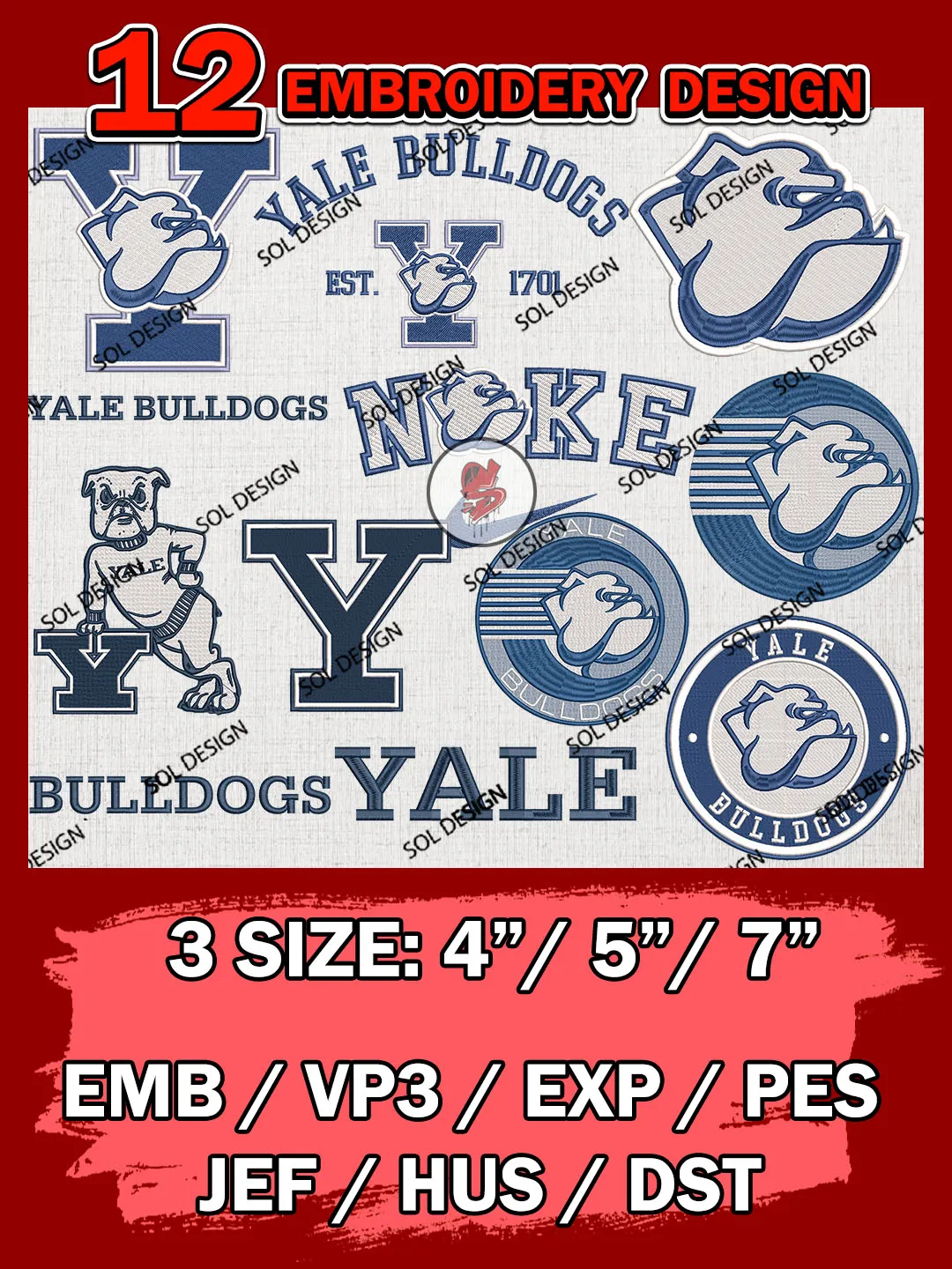12 NCAA Yale Bulldogs Bundle Embroidery Files, NCAA Yale Bulldogs Team Bundle Embroidery Designs, NCAA Teams, National College Football Team 3 sizes, NCAA Yale Machine Embroidery, Digital Download