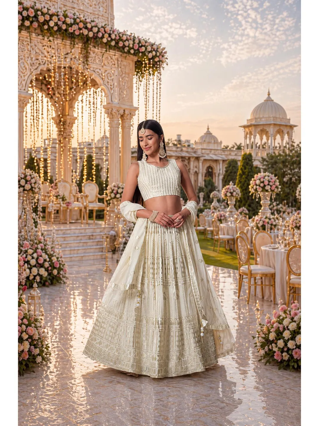 White Georgette Lehenga Choli Set Women: Sequin Embroidery Indian Wedding Wear Ready To Wear