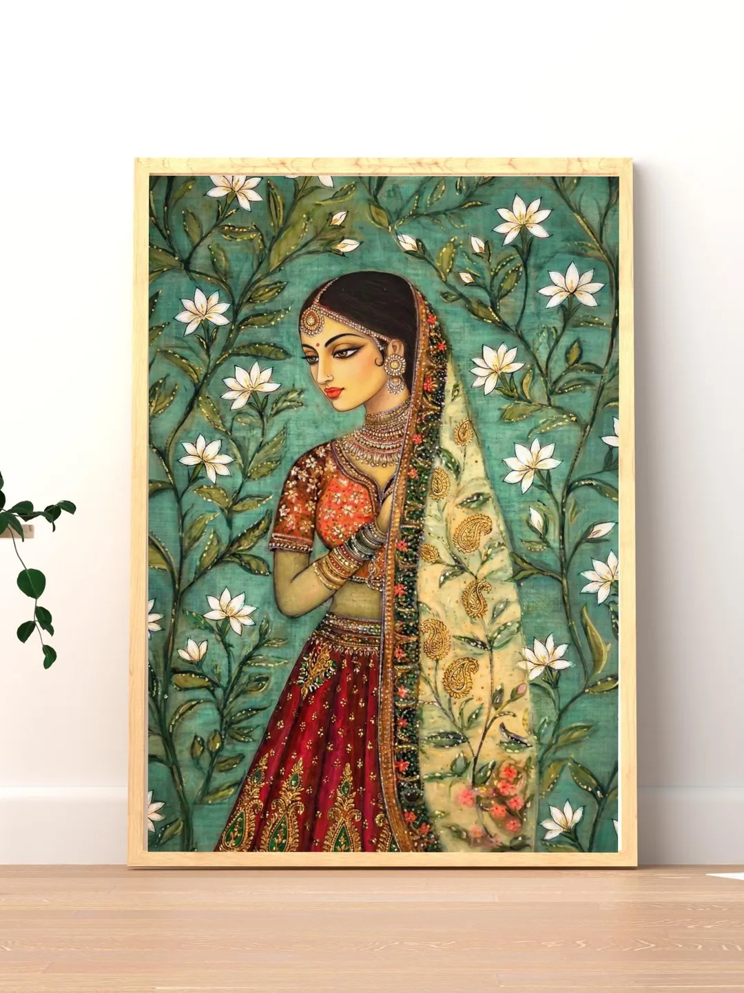 lady in the garden print, floral Madhubani Painting, Indian folk, woman ...
