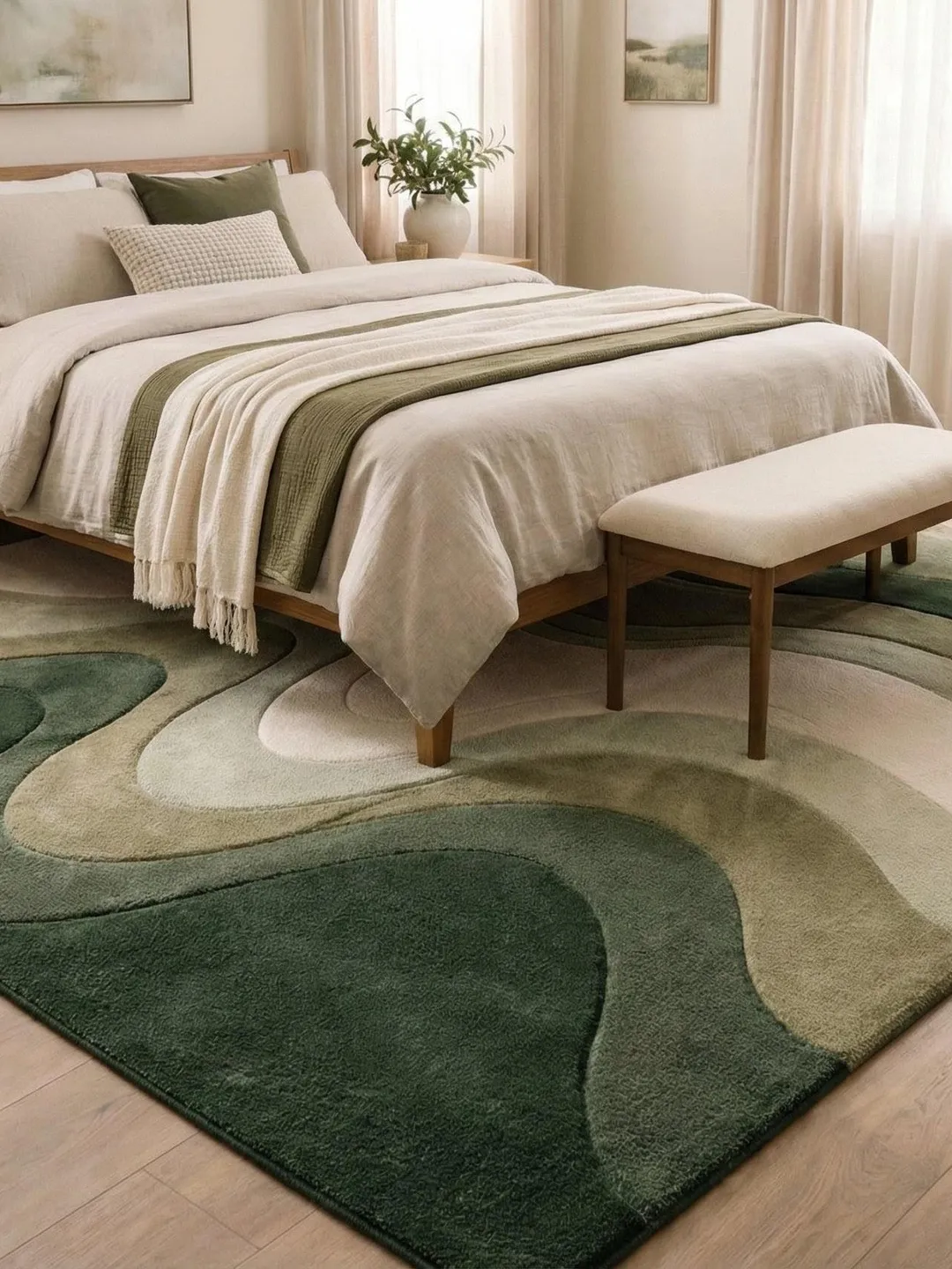 Modern Green Abstract Hand Tufted Rug, Organic Wavy Design Wool Carpet ...