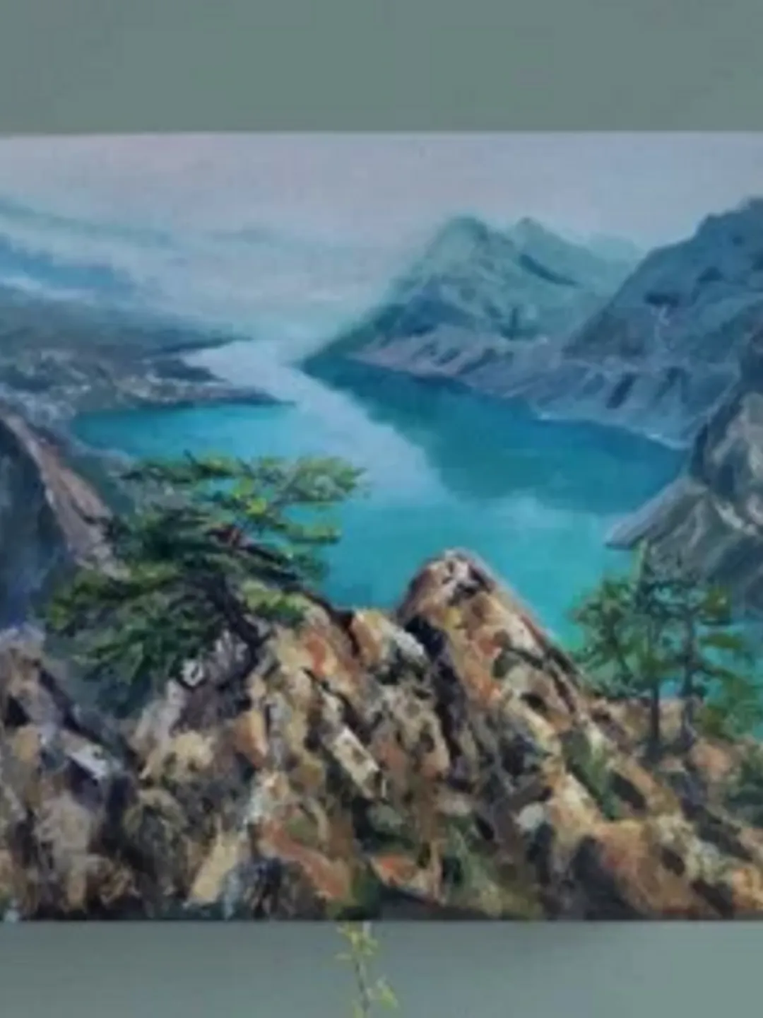 Painting on canvas “Mountain lake”, oil, size 46 x 55 cm, framed