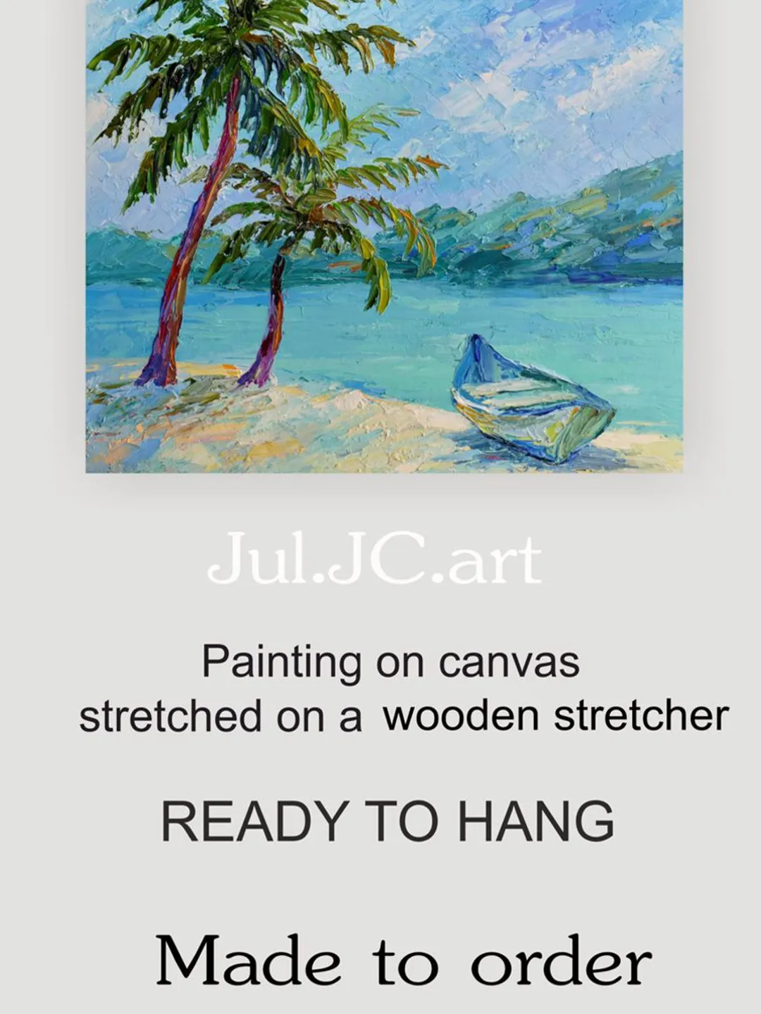 Seascape oil painting Boat original art Tropical beach wall art Palm ...