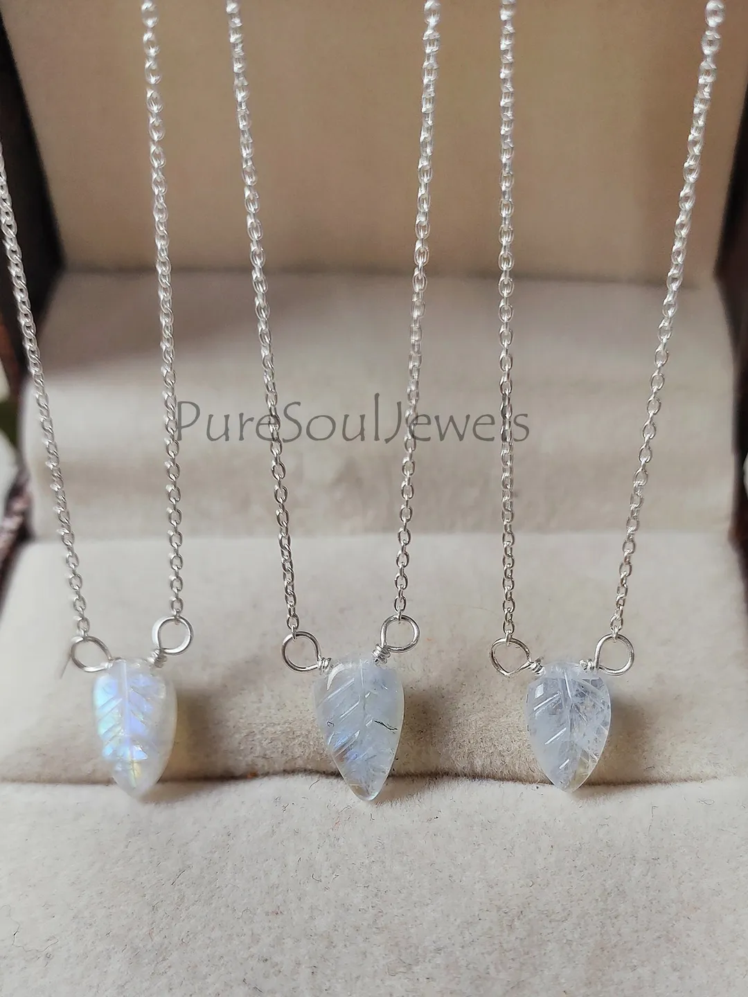 Natural Rainbow Moonstone Leaf Carving Necklace, 925 Silver Handmade Artisan Pendant, One-of-a-Kind Jewelry