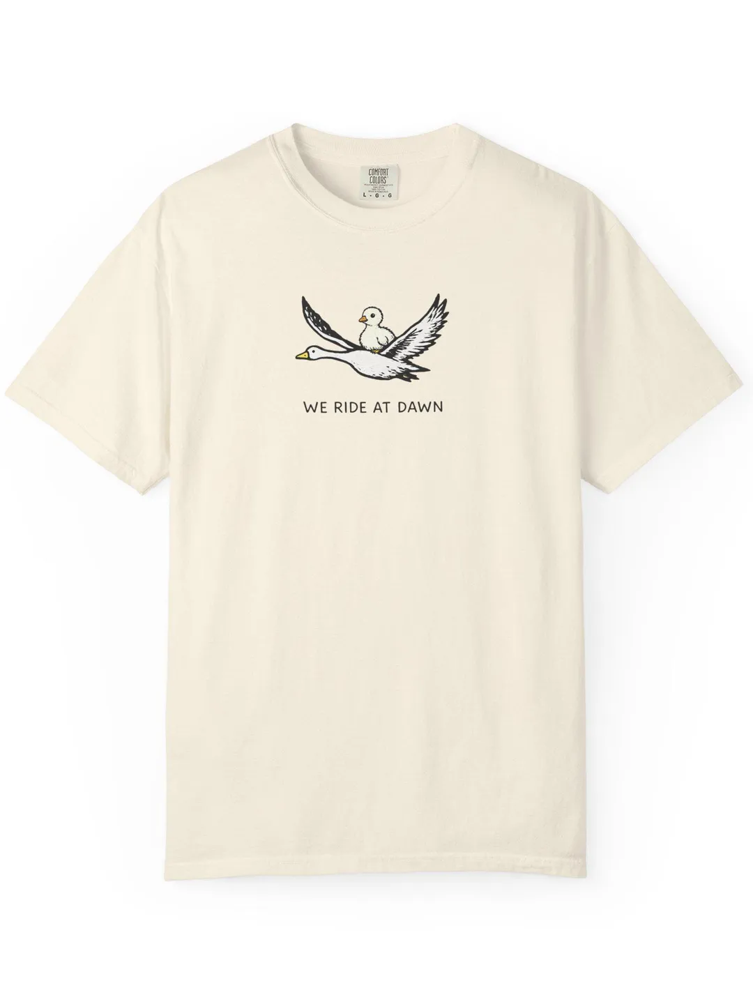 We Ride at Dawn duck illustration T-Shirt | flying duck graphic
