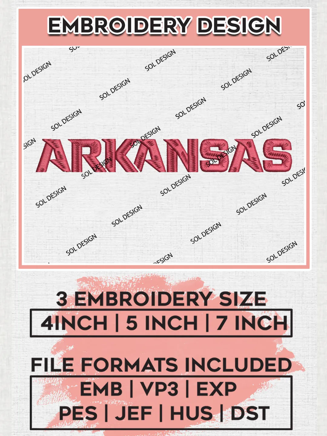 NCAA Arkansas Team Wordmark Logo Embroidery Design Files, NCAA Arkansas Razorbacks Machine Embroidery, NCAA Teams, 3 sizes, NCAA Machine embroidery designs, Digital Download