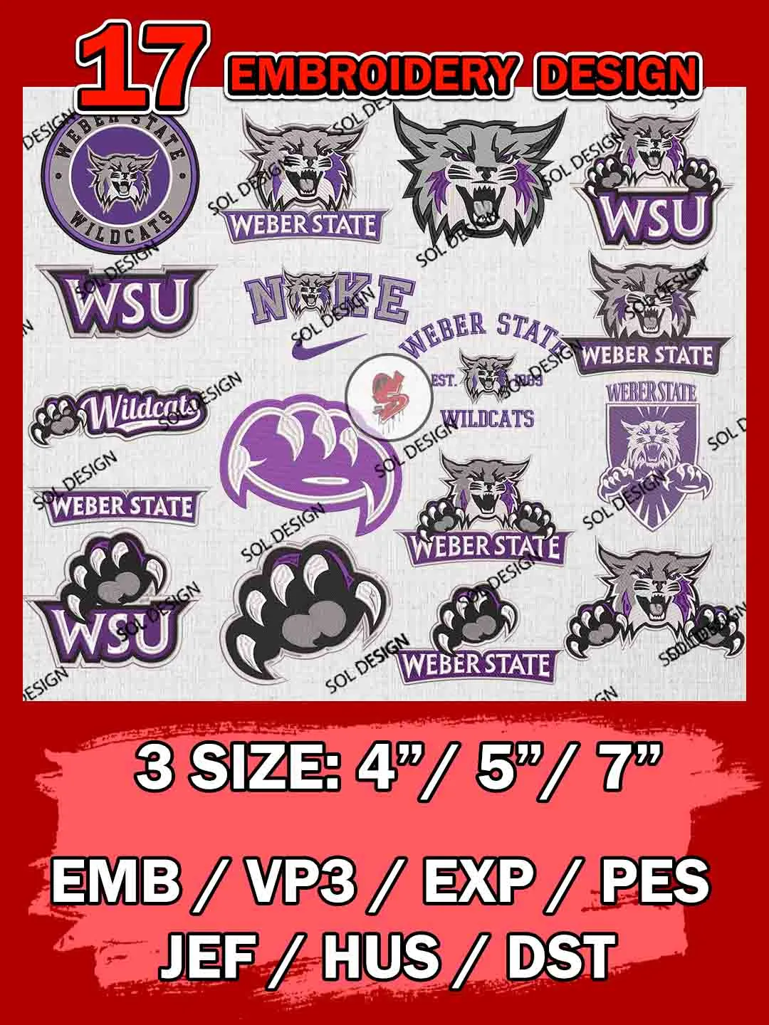 17 NCAA Weber State Wildcats Bundle Embroidery Files, NCAA Weber State Wildcats Team Bundle Embroidery Designs, NCAA Teams, National College Football Team 3 sizes, NCAA Weber State Machine Embroidery, Digital Download