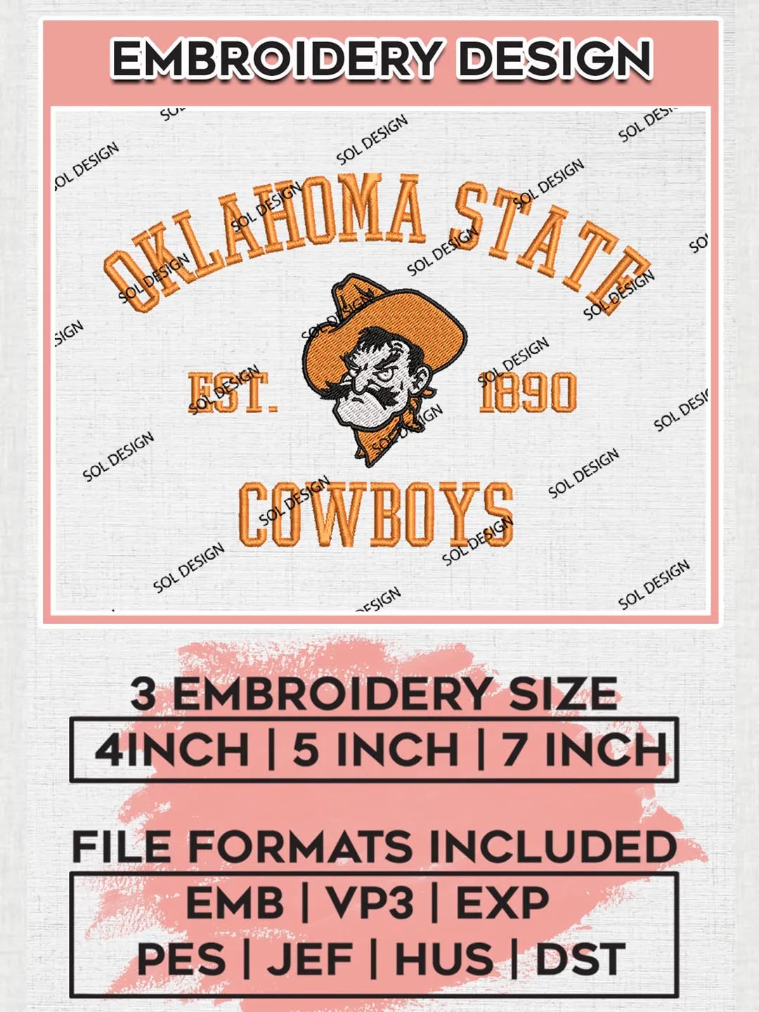 Oklahoma State Cowboys Est 1890 Logo Embroidery Designs, NCAA Oklahoma State Cowboys Team Embroidery, NCAA Team Logo, 3 sizes, Machine embroidery Files, Digital Download