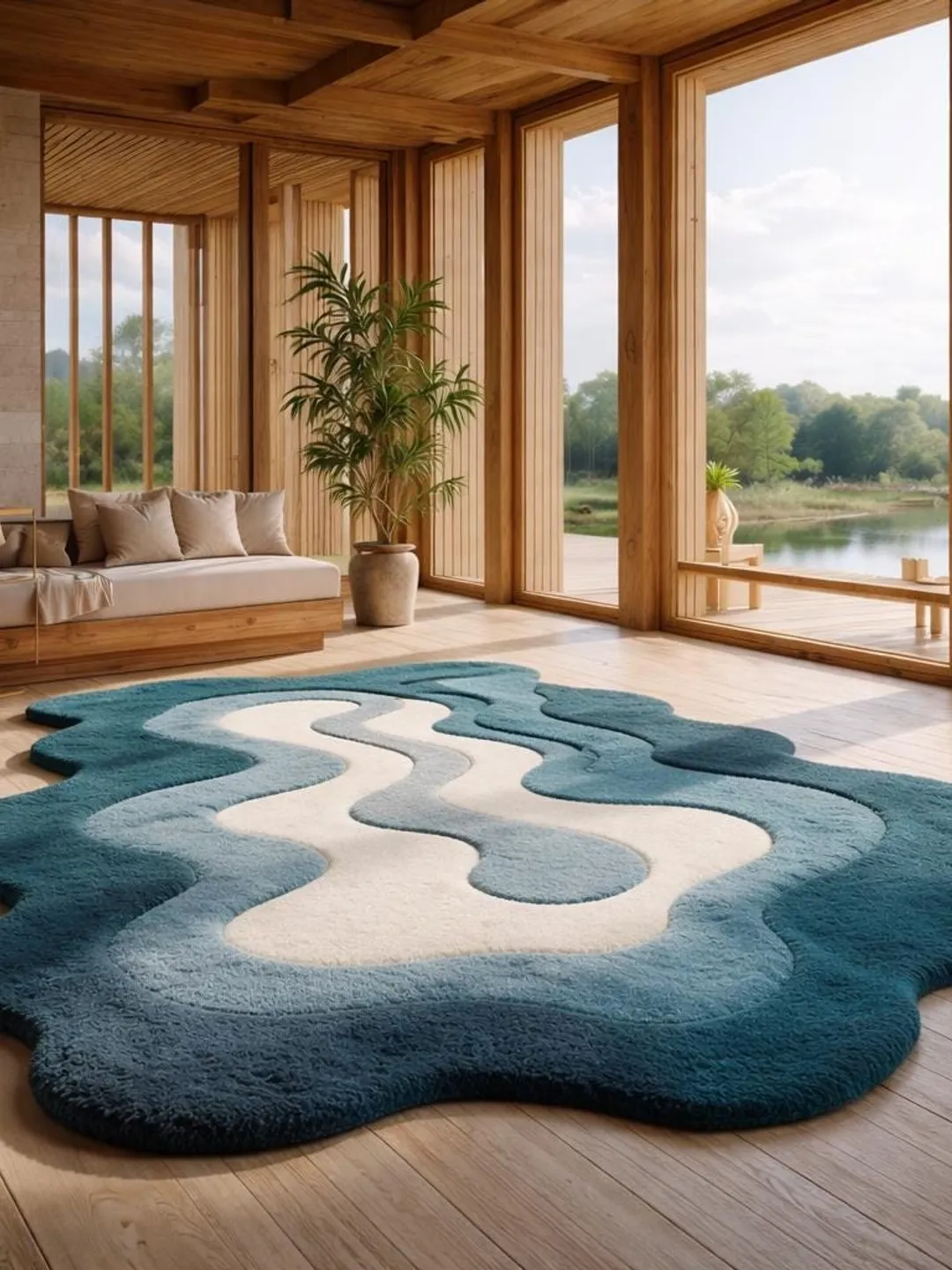 Abstract Blue Wool Rug, Hand Tufted Organic Shape Area Rug, Modern ...
